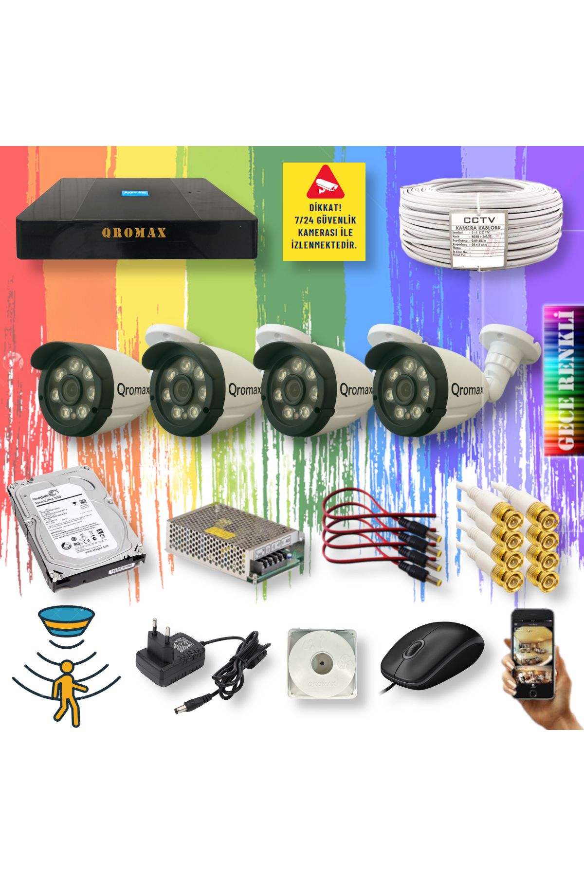 qromax 4 Kameralı Gece Renkli Hareket Algılayan 8 Warm Ledli 1080P Turbo HD Kamera Seti 3908W-9004