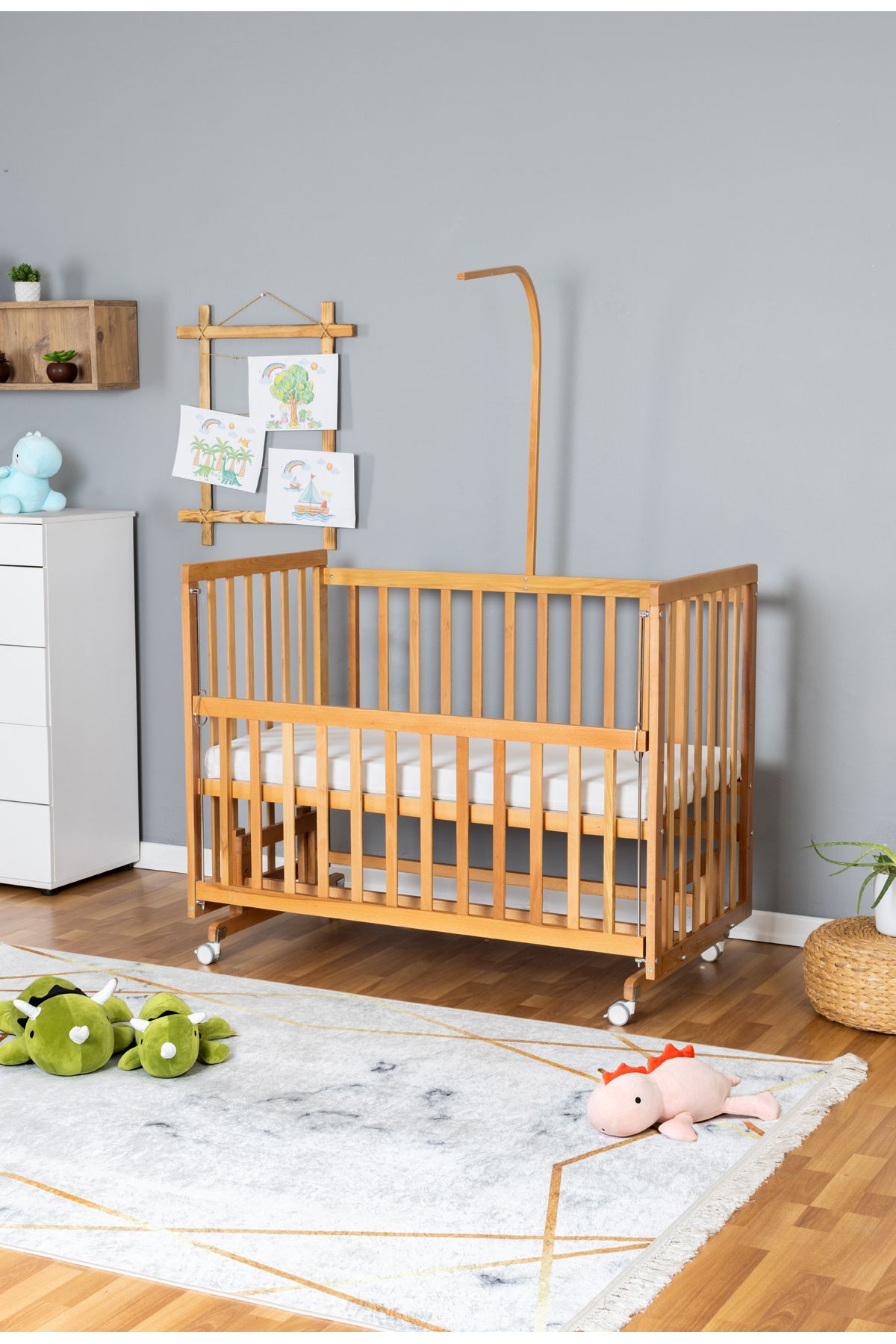 Carino Wins Ahşap Beşik Anne Yanı Yeni Doğan Asya Organik Bebek Beşiği TEK YATAK + TEKERLEKLİ