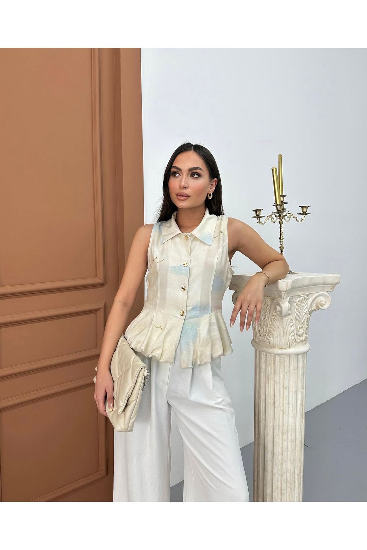 studio fashion 1988 Kadın Ekru Premium Volanlı Düğme Detaylı %100 Viskon Bluz Gömlek