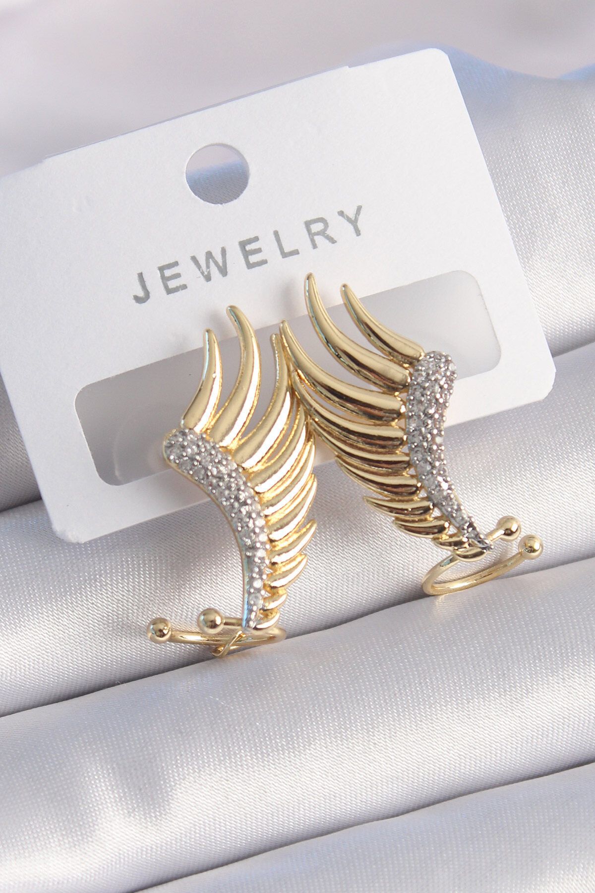 melfxxl eticaret Pirinç Gold Renk Zirkon Taşlı Kanat Model Kadın Küpe - Lisinya