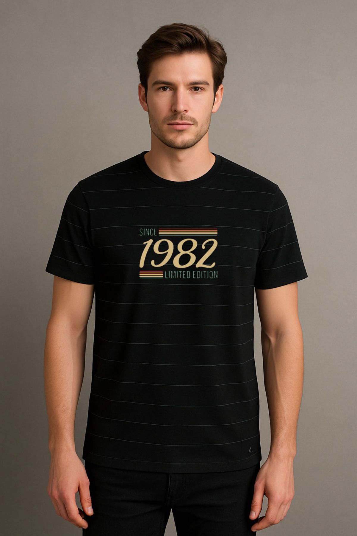 Darkia 1982 Vintage Baskılı Çizgili Bisiklet Yaka Unisex Siyah Tişört T-shirt