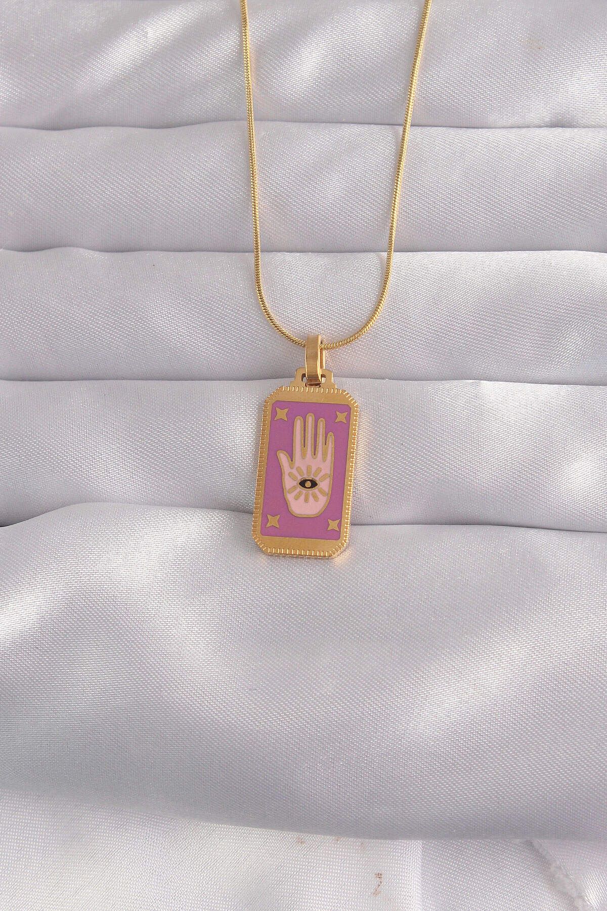melfxxl eticaret 316L Çelik Gold Renk Mor Mineli El Figür Tarot Kolye - Lisinya