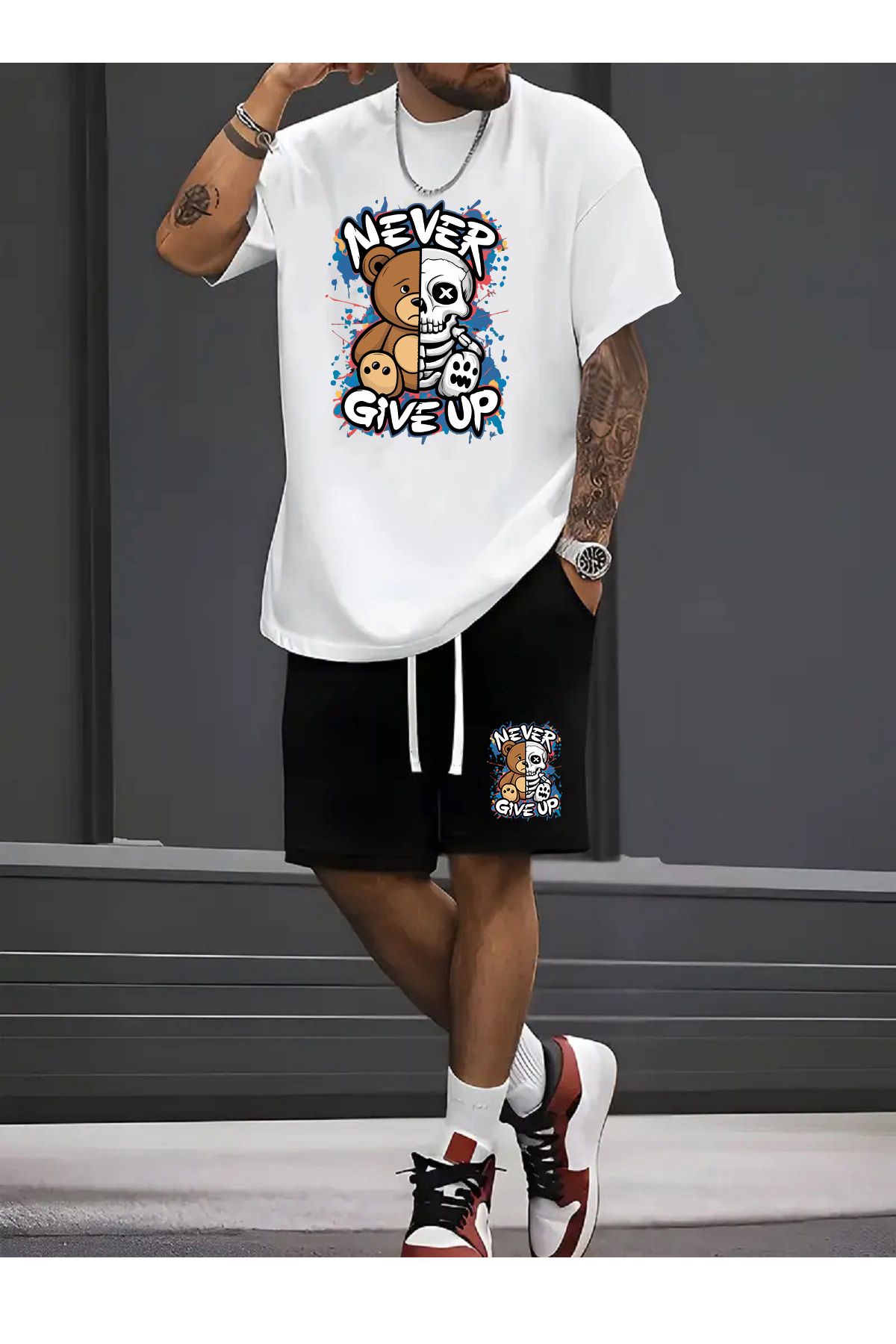 makiteks 2'li Set Düz Renk Erkek Regular Şort ve Tshirt Tişört Bear