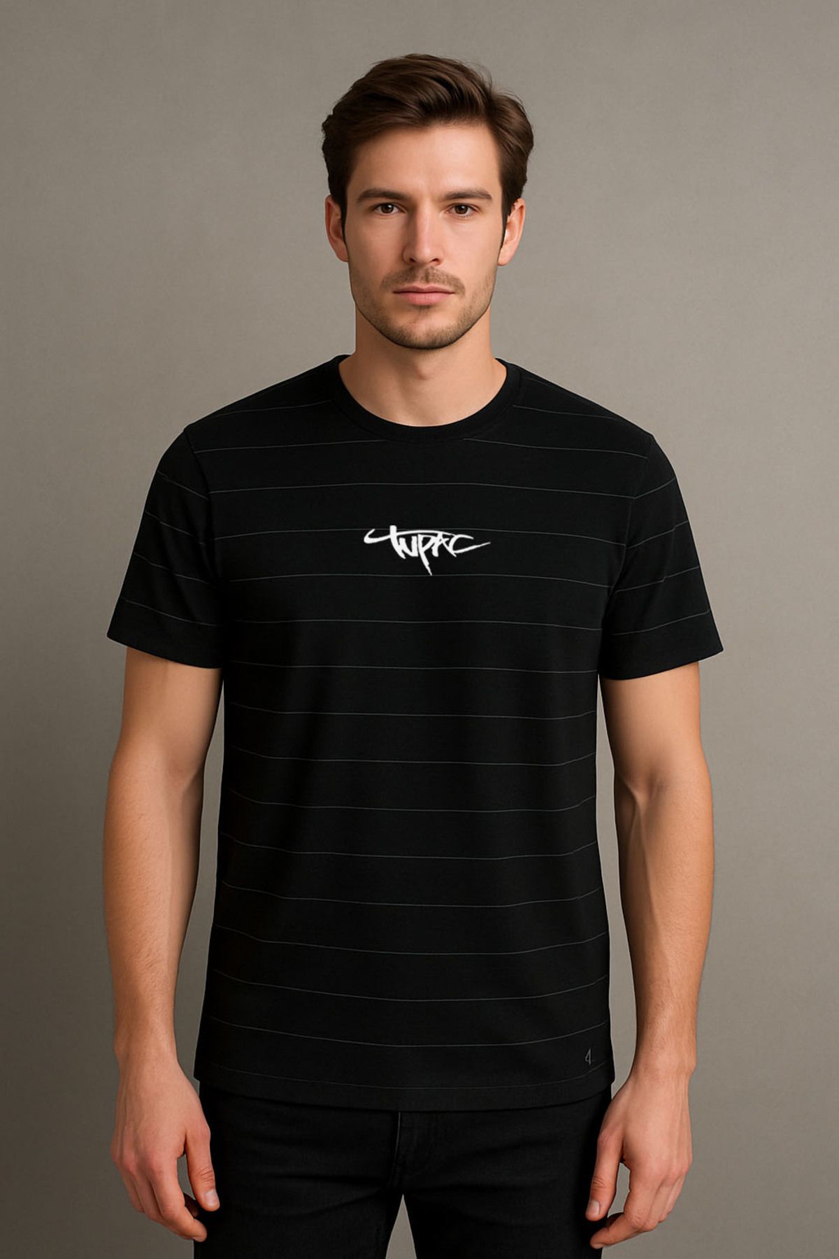 Darkia Tupac Shakur Baskılı Çizgili Bisiklet Yaka Unisex Siyah Tişört T-shirt