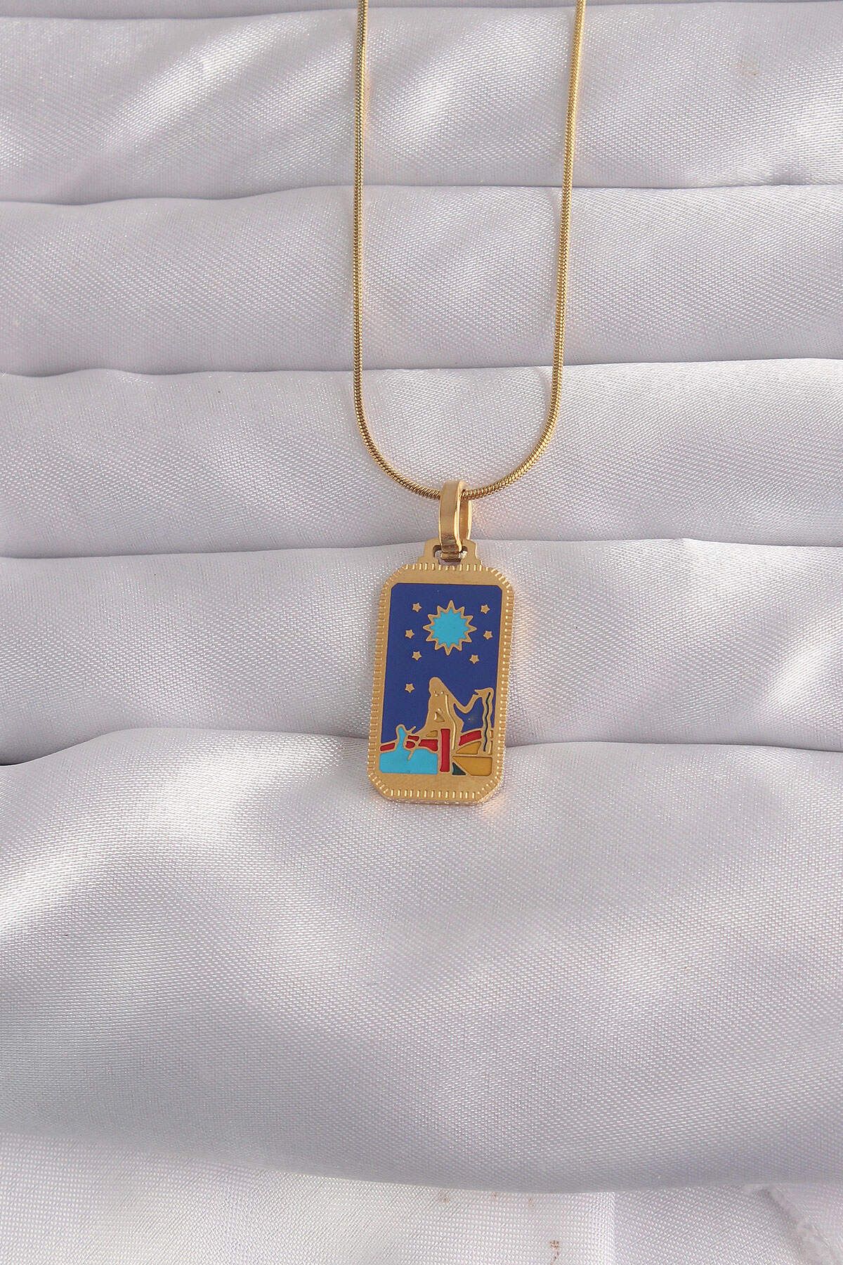 melfxxl eticaret 316L Çelik Gold Renk Mavi Mineli Kız Figür Tarot Kolye - Lisinya