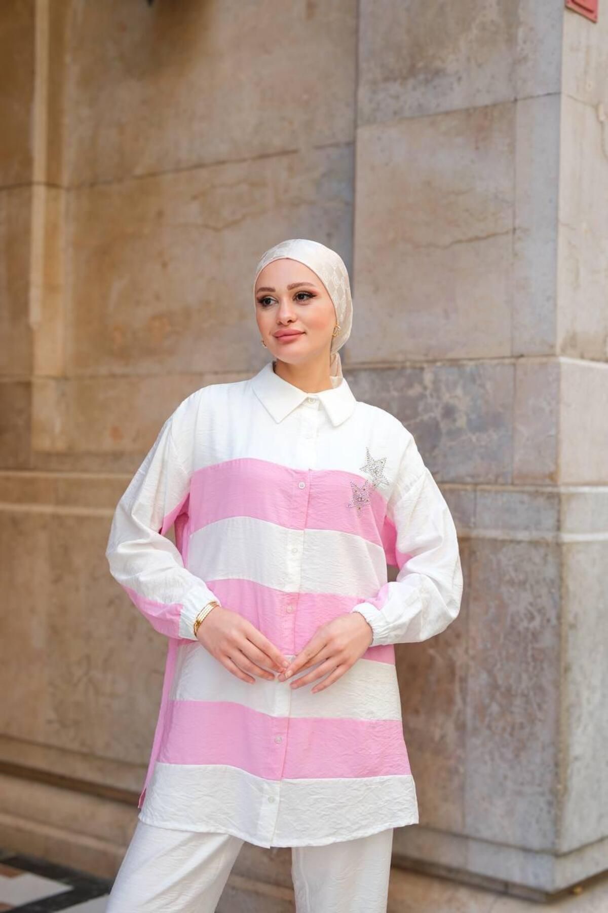 noqta KOLU LASTİKLİ ÇİZGİLİ GÖMLEK