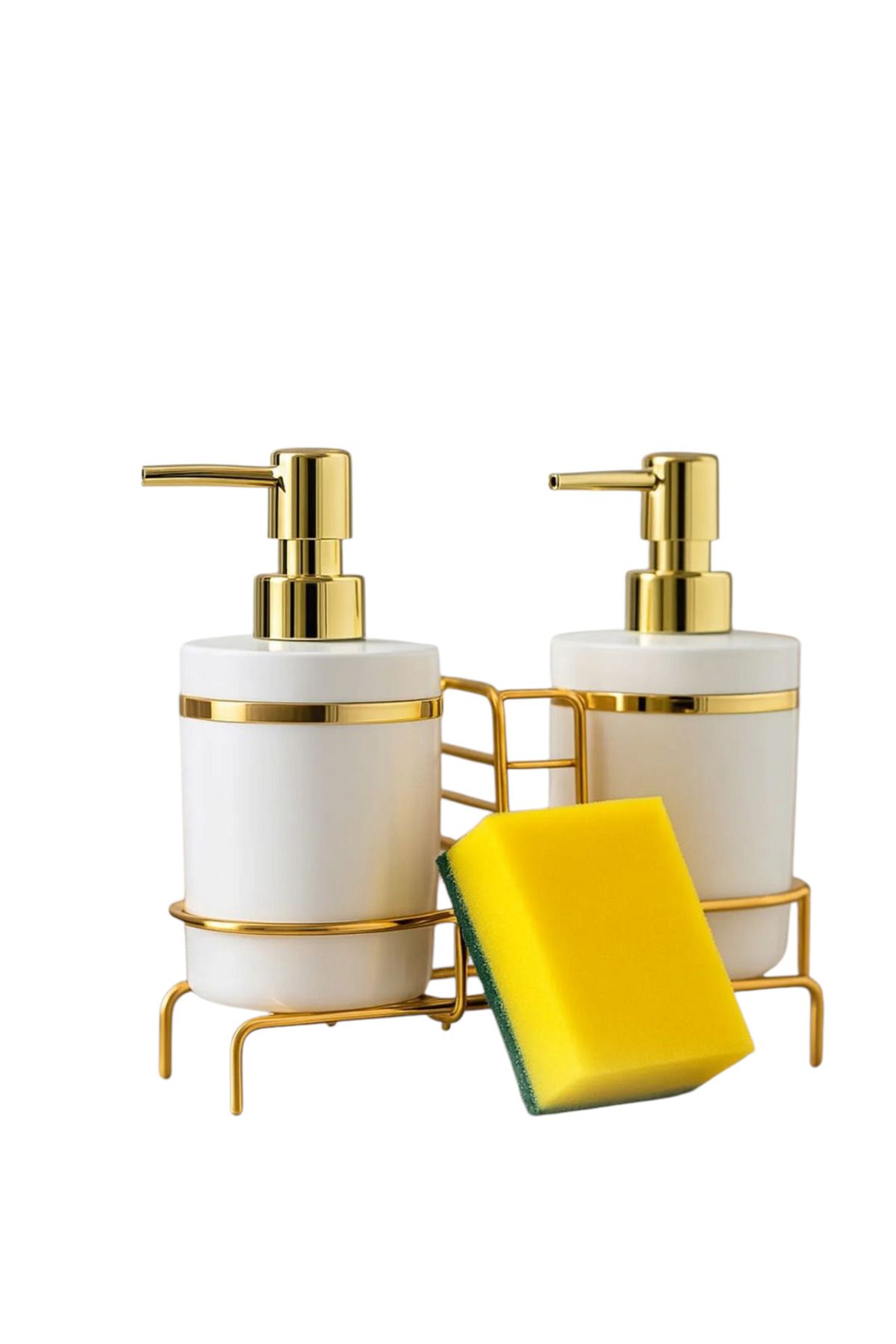İmera İmera 2’li Akrilik Sıvı Sabunluk ve Gold Metal Stand – Süngerlikli, 300 ml