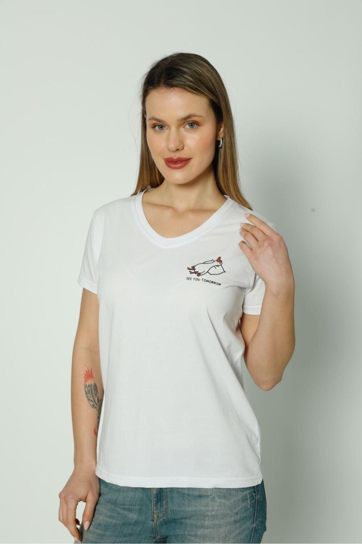 MODA Baskı Detaylı Beyaz T-Shirt