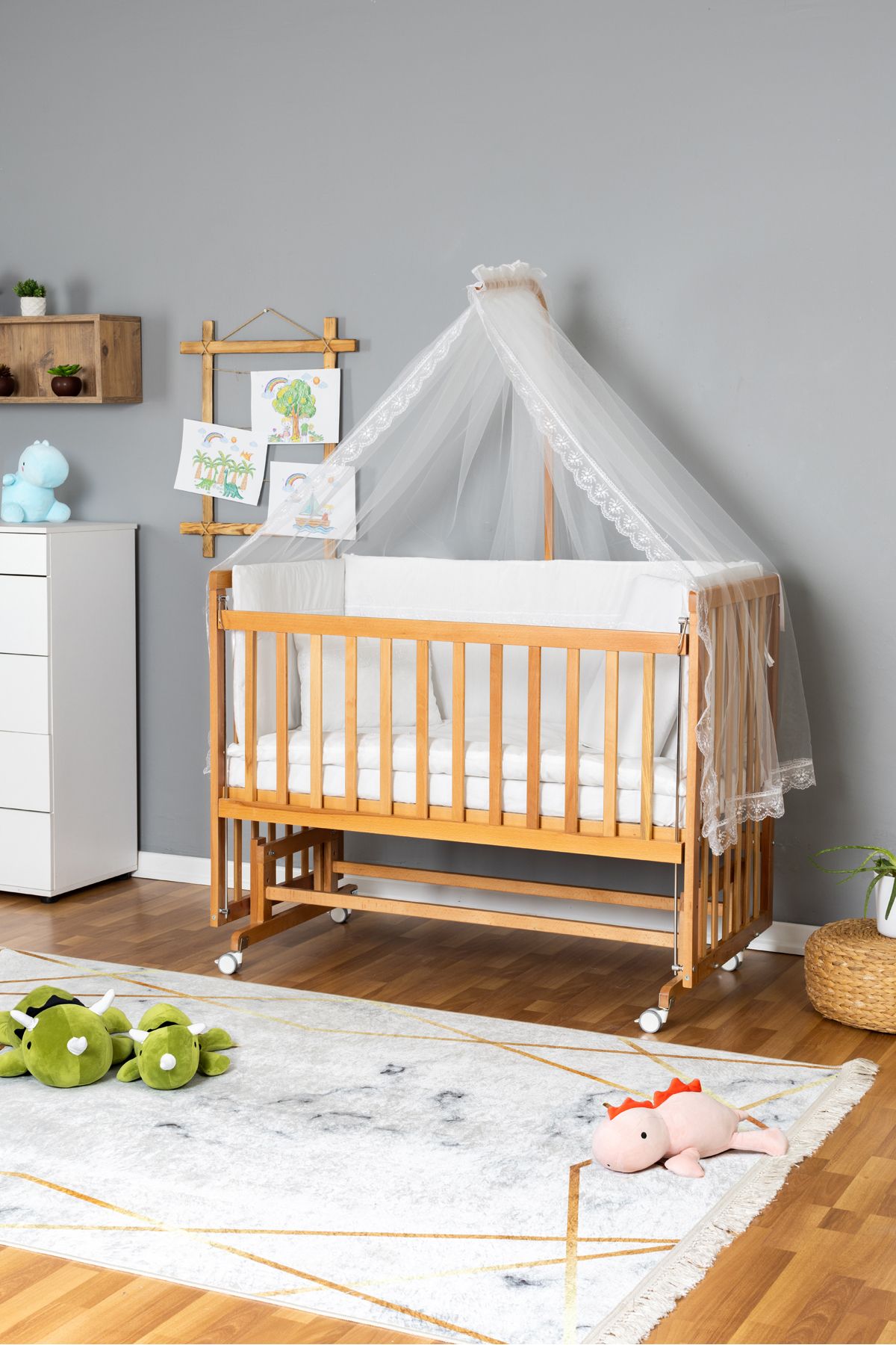Carino Wins Ahşap Beşik Anne Yanı Yeni Doğan Asya Organik Bebek Beşiği BEYAZ GÜPÜR UYKU SETLİ + TEKERLEKLİ