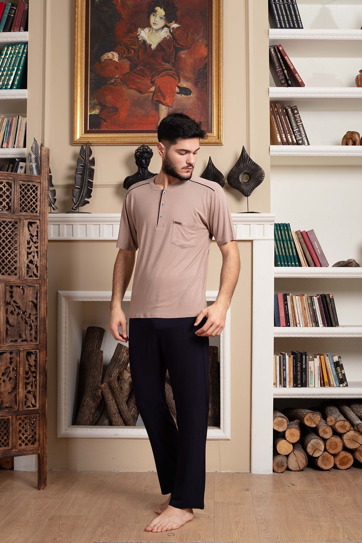 LOHOUSE Erkek Bej Önden Yarım Düğmeli Kısa Kollu Pamuklu Erkek Pijama Takım
