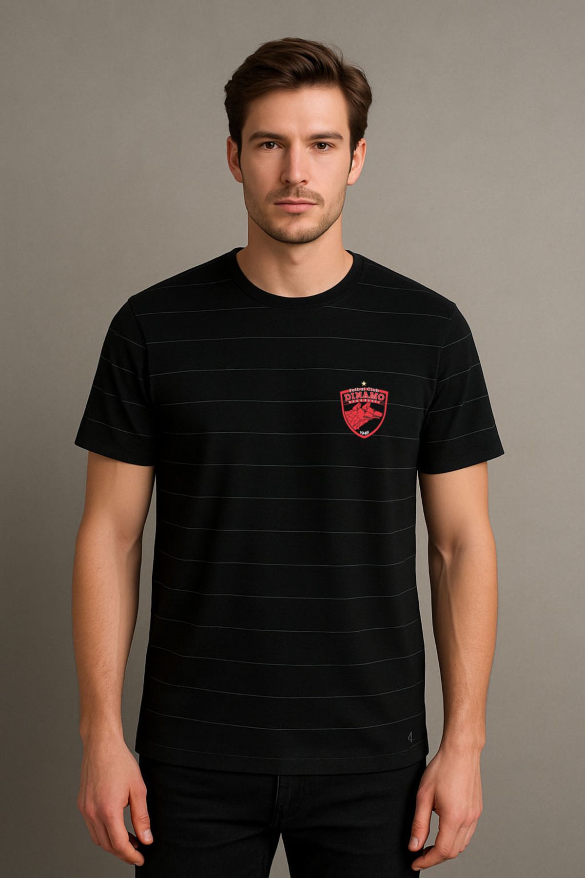 Darkia Dinamo Bükreş FK Baskılı Çizgili Bisiklet Yaka Unisex Siyah Tişört T-shirt