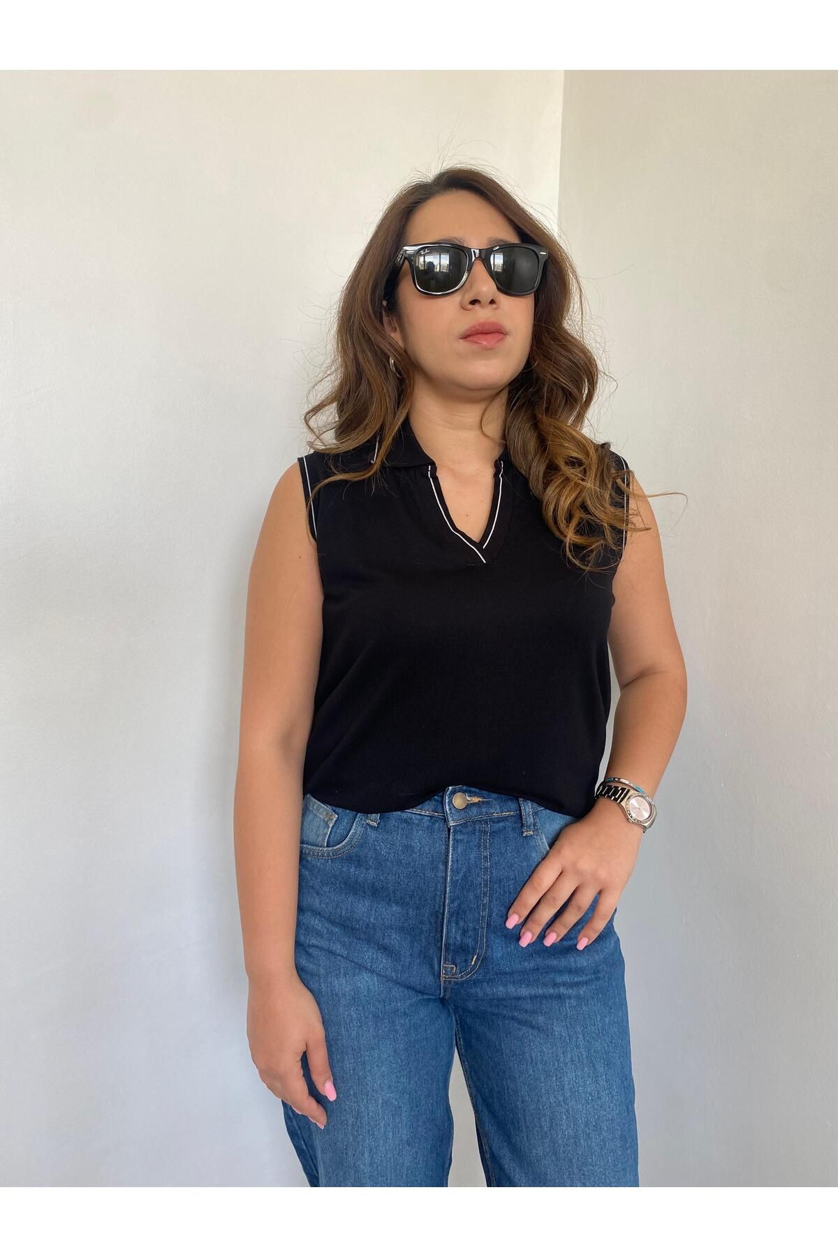Gizybutik Polo Yaka Kolsuz Triko Bluz