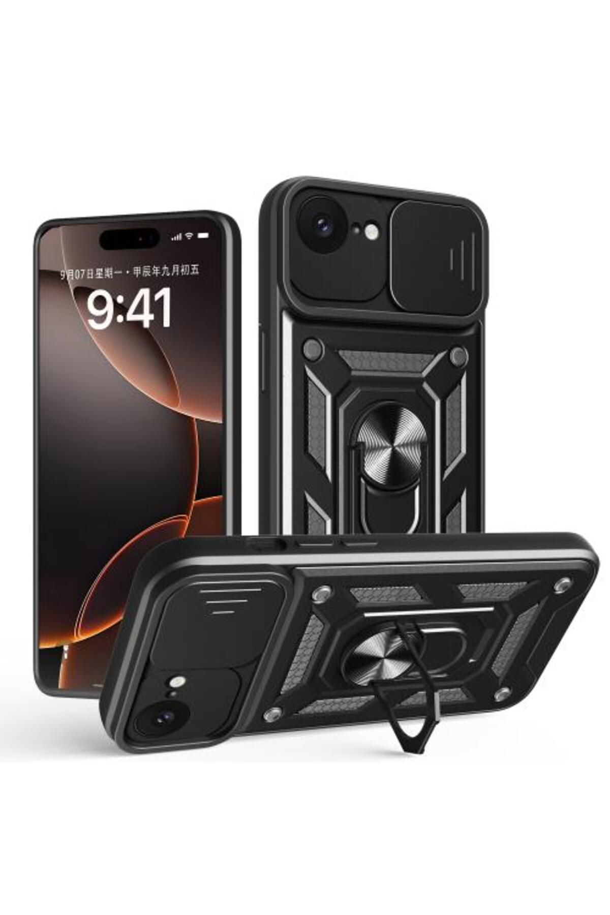Teleplus iPhone 16E Kılıf Pars Yüzüklü Kamera Sürgülü Tank Kapak