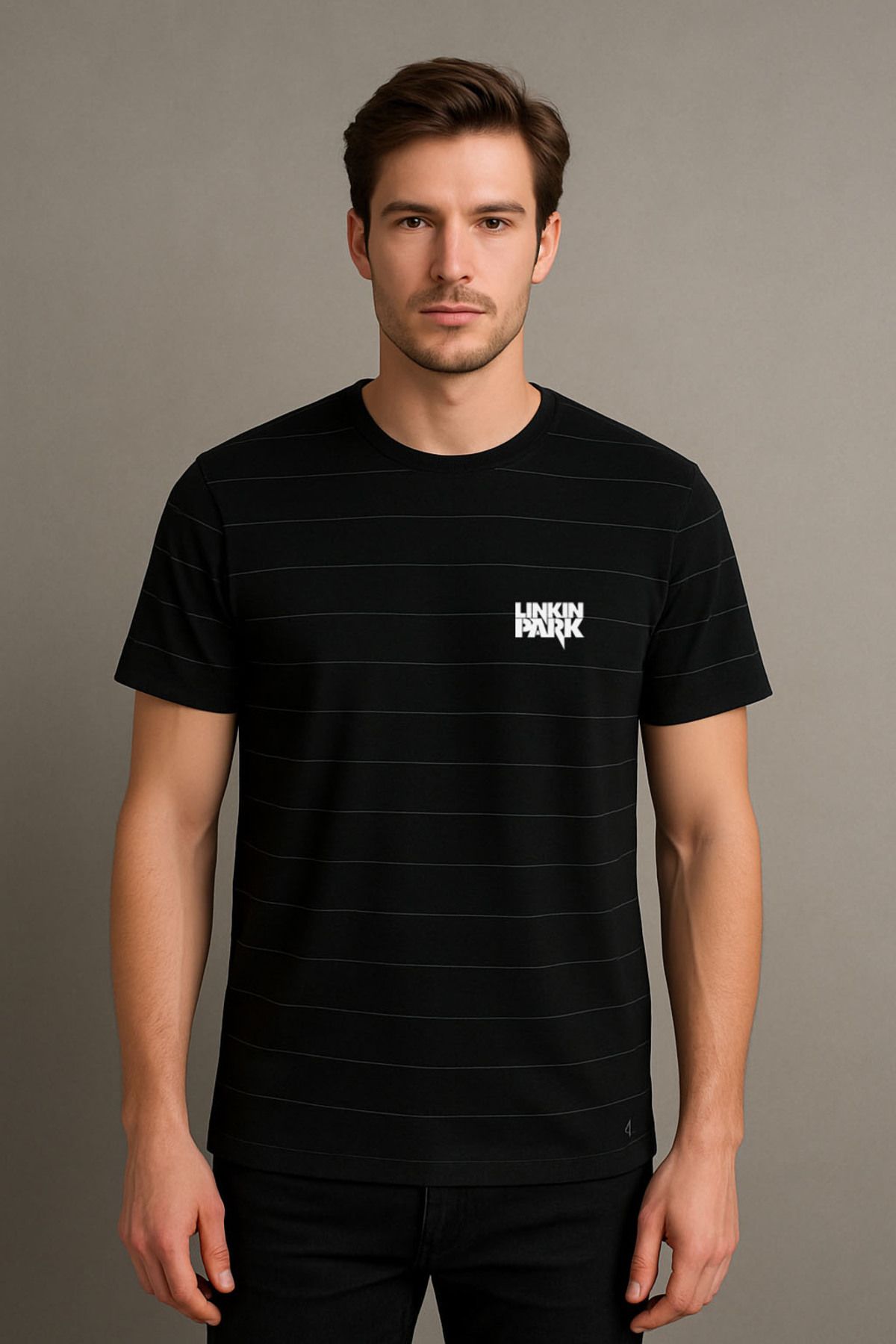 sielta Linkin Park Müzik Grubu Baskılı Çizgili Bisiklet Yaka Unisex Siyah Tişört T-shirt