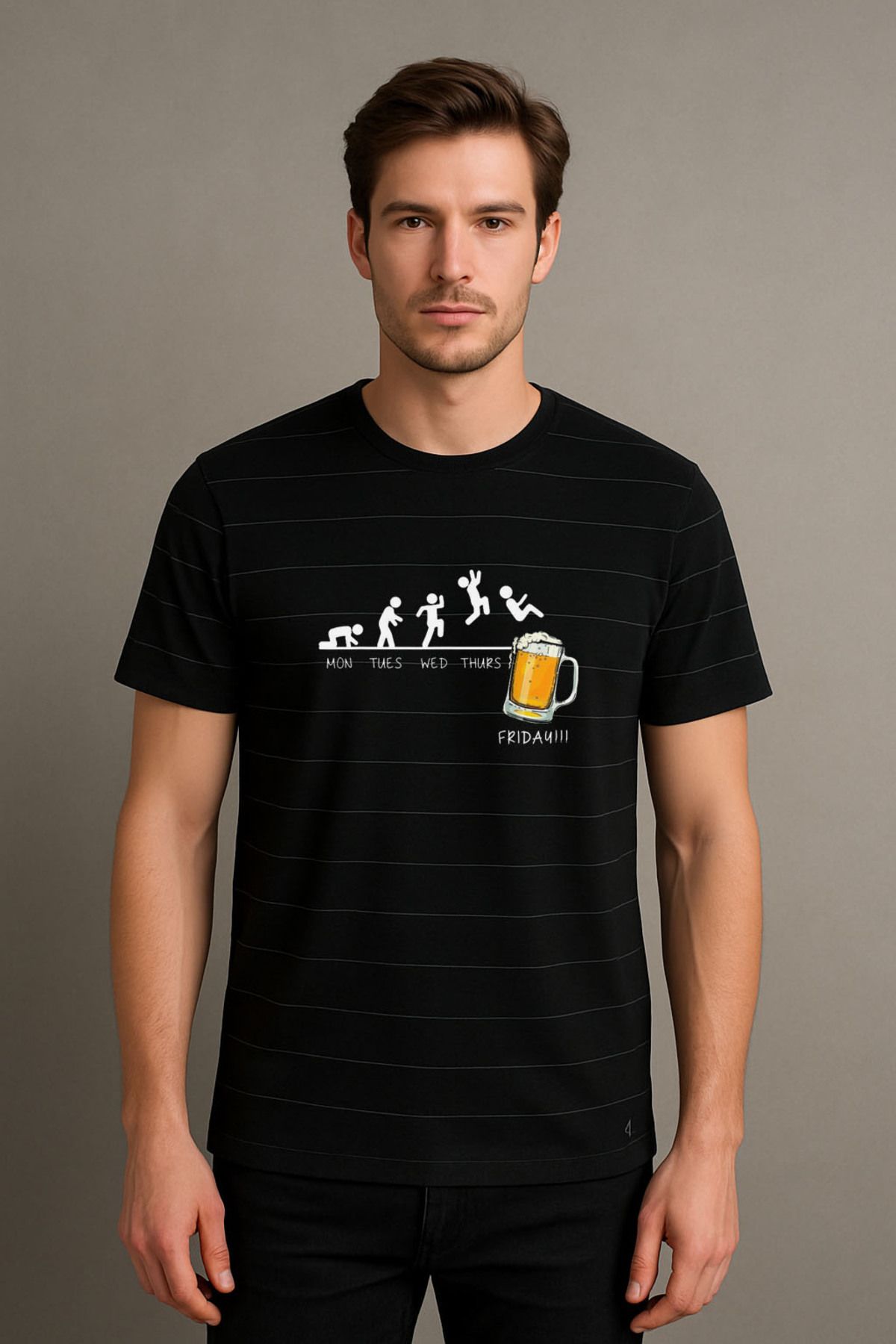 sielta Bira Beer Bere Baskılı Çizgili Bisiklet Yaka Unisex Siyah Tişört T-shirt