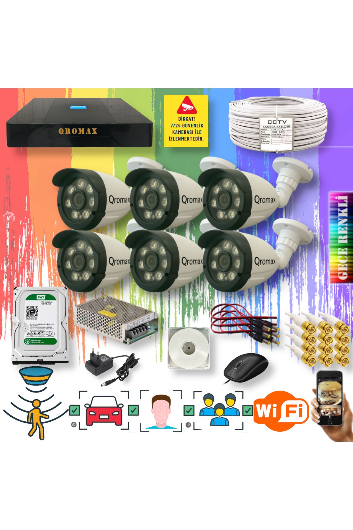 qromax 6 Kameralı Yapay Zeka Özellikli Gece Renkli 8 Warm Ledli TurboHD Güvenlik Kamerası Seti 3908W-9008