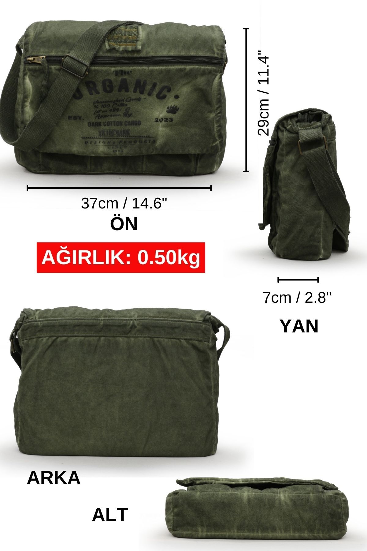 DARK COTTON 8128 Salaş Kanvas Omuz Postacı Haki Yeşil 15.6" Laptop Okul Seyahat Günlük Vintage Pamuk Çanta görsel 2