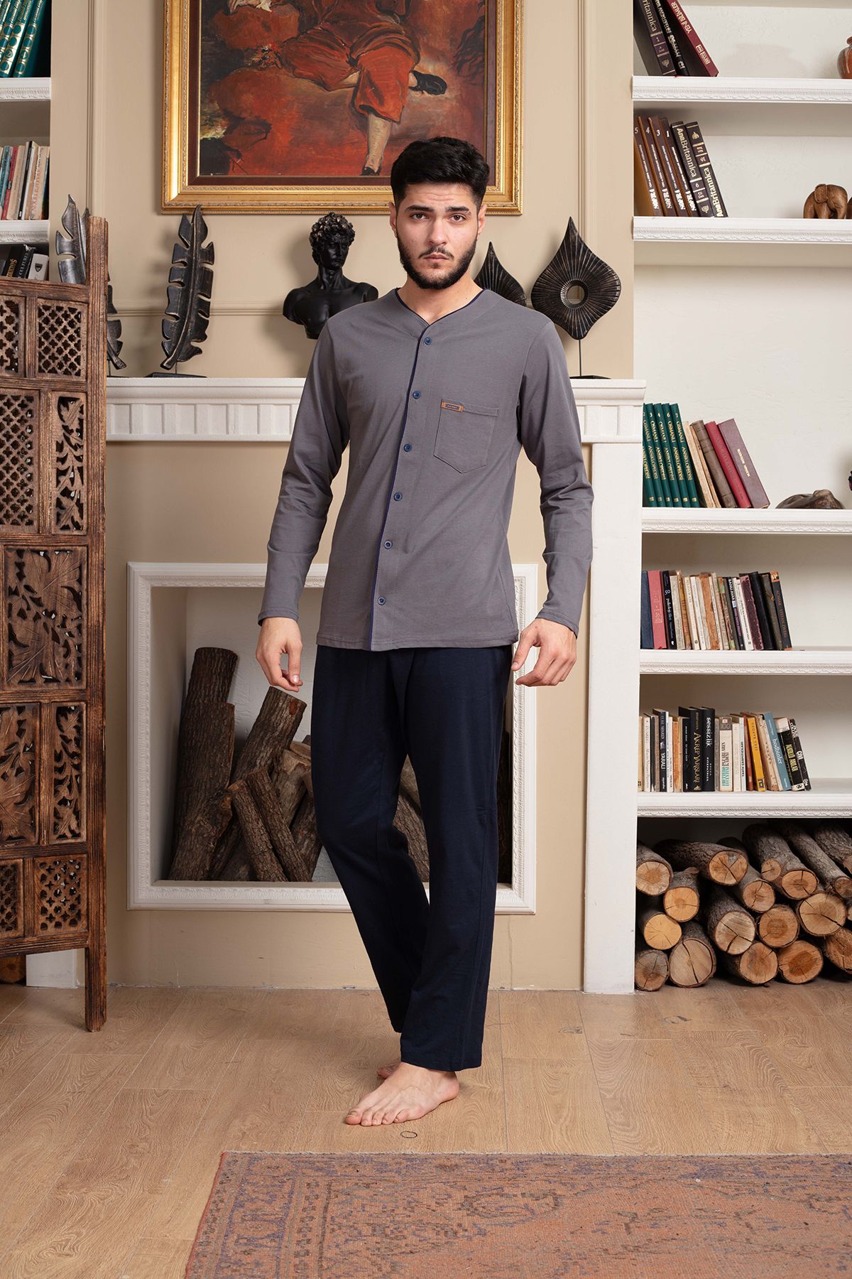 LOHOUSE Erkek Antrasit Önden Düğmeli Uzun Kollu Pamuklu Yazlık Erkek Pijama Takım