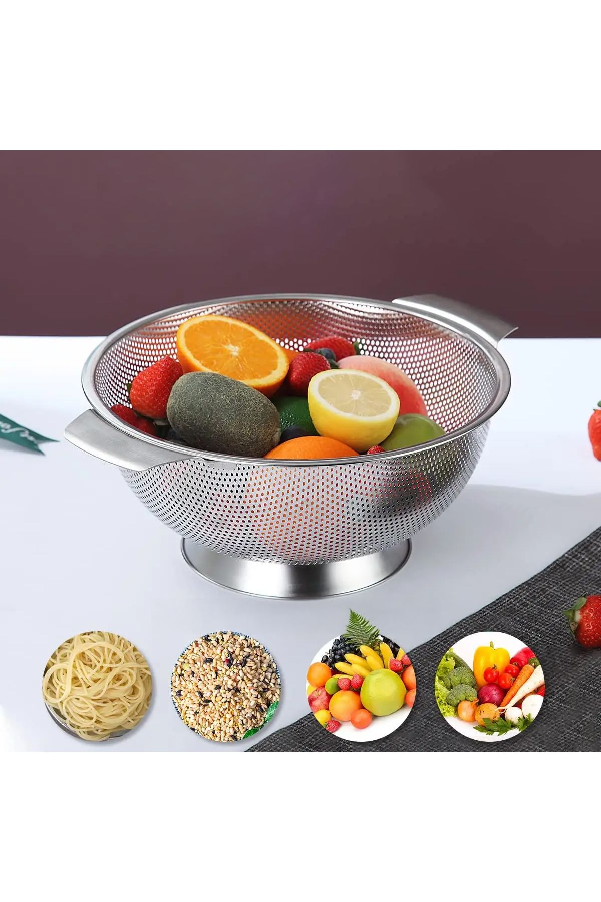 Vadi Rocco Gümüş Paslanmaz Çelik Kevgir Karıştırma Kasesi Salata Makarna Sebze Meyve Süzgeç 28,5 Cm