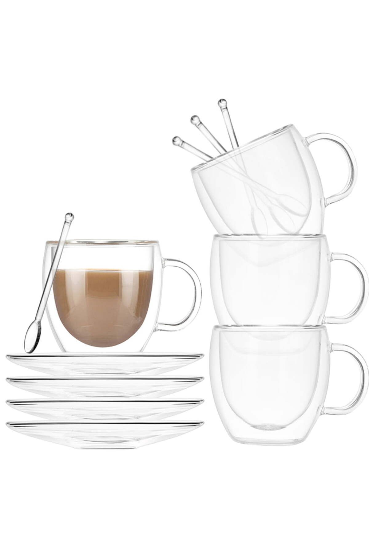 Quasar & Co. Set 4 Cani Cu Pereti Dubli Cu 4 Farfurii Si 4 Lingurite ,sticla Termorezistenta,250ml - One Size