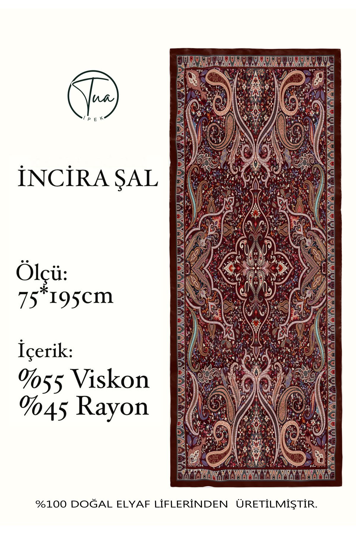 TUA İPEK İNCİRA Organic Floş Viskon ŞAL - Etnik Çiçek Desenli