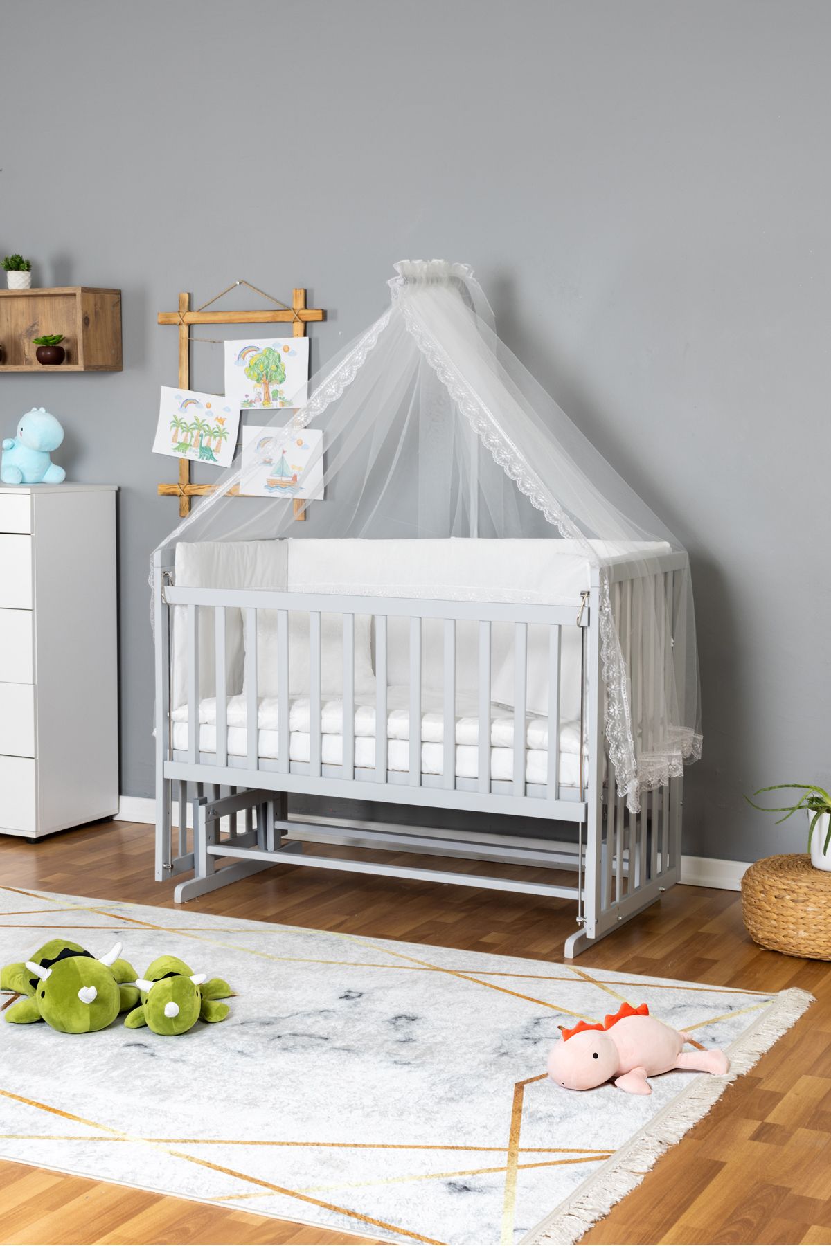 Carino Wins Ahşap Beşik Anne Yanı Yeni Doğan Asya Gri Bebek Beşiği Beyaz GÜPÜR UYKU SETLİ