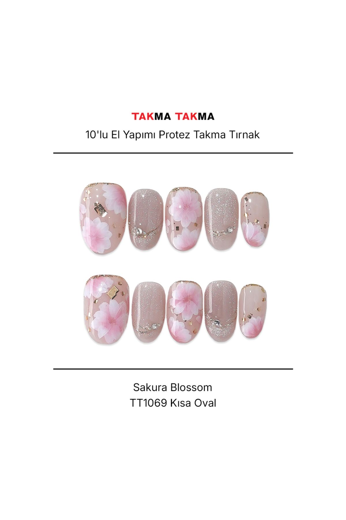Takma Takma TT1069 - Sakura Blossom - 10'lu Tekrar Kullanılabilir El Yapımı Protez Takma Tırnak M-Pembe-Ten Reng