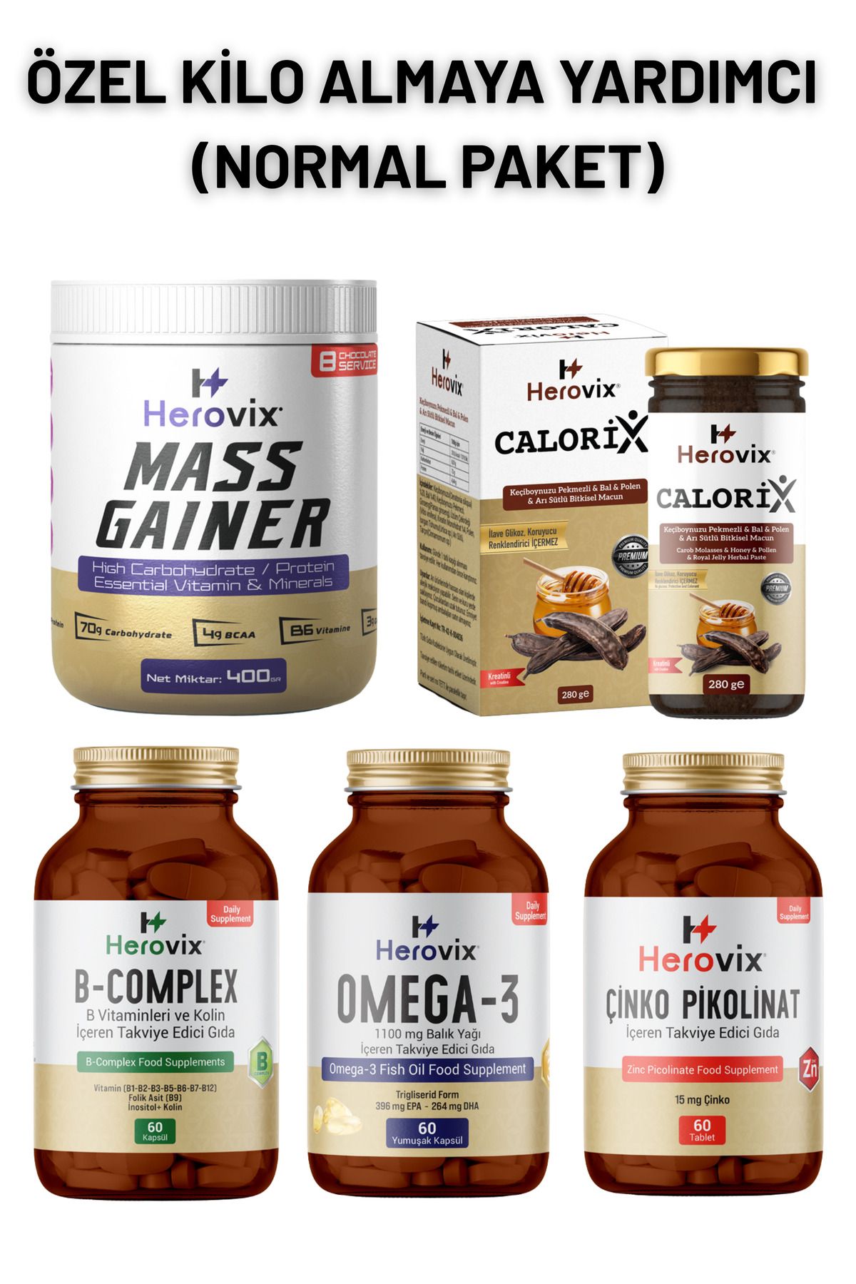 Herovix Özel Kılo Almaya Yardımcı - Normal Paket ( Omega 3, B Complex, Çinko, Calorix, Gainer 400gr)
