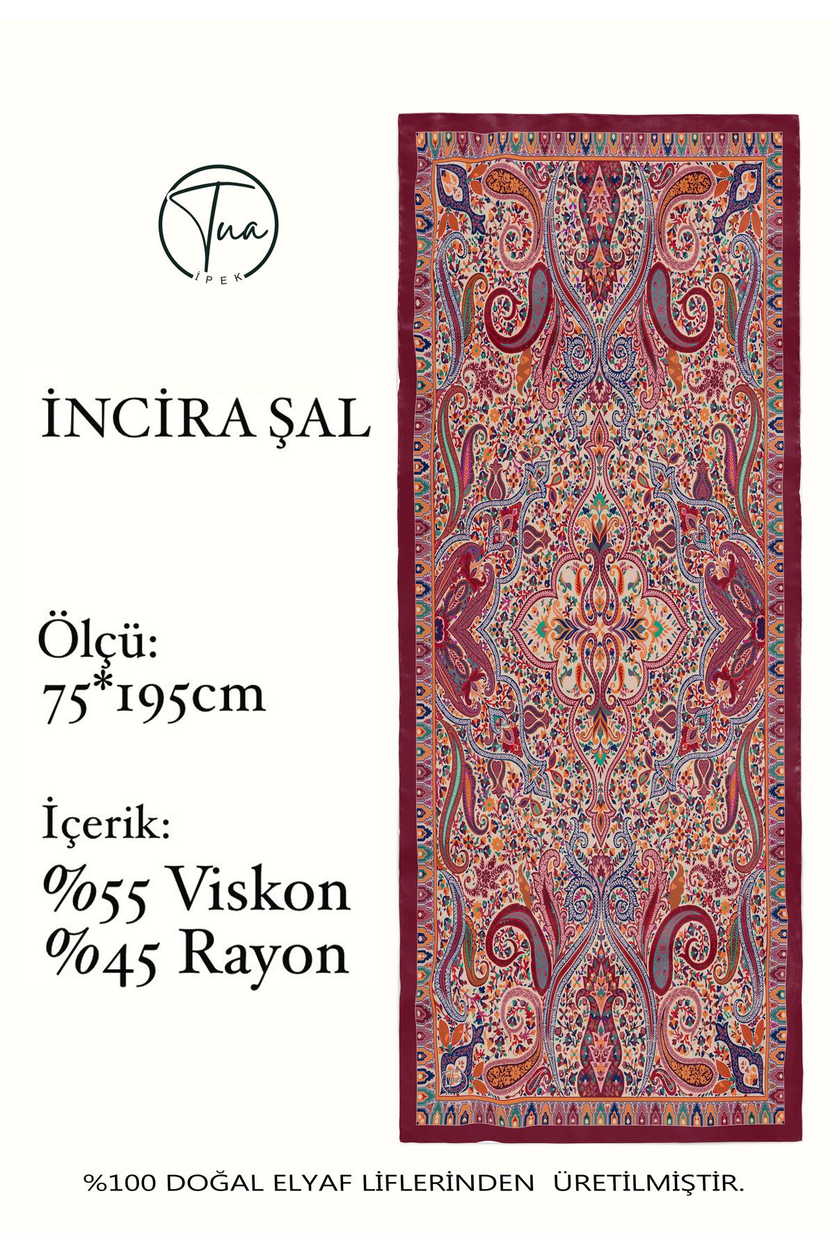 TUA İPEK İNCİRA Organic Floş Viskon ŞAL - Etnik Çiçek Desenli