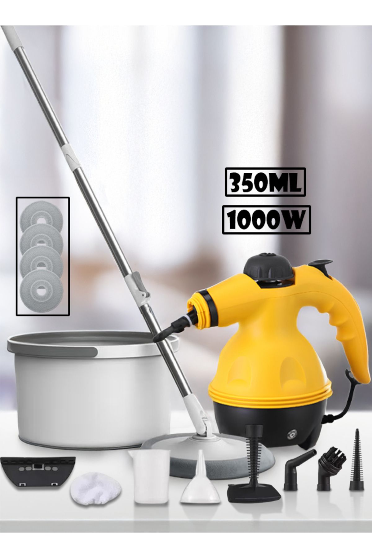 Cady One-2 in 1 Rotating Mop and Bucket Set with 4 Microfiber Pads and 1 Pressure Steam Cleaner 350ML1000W 1