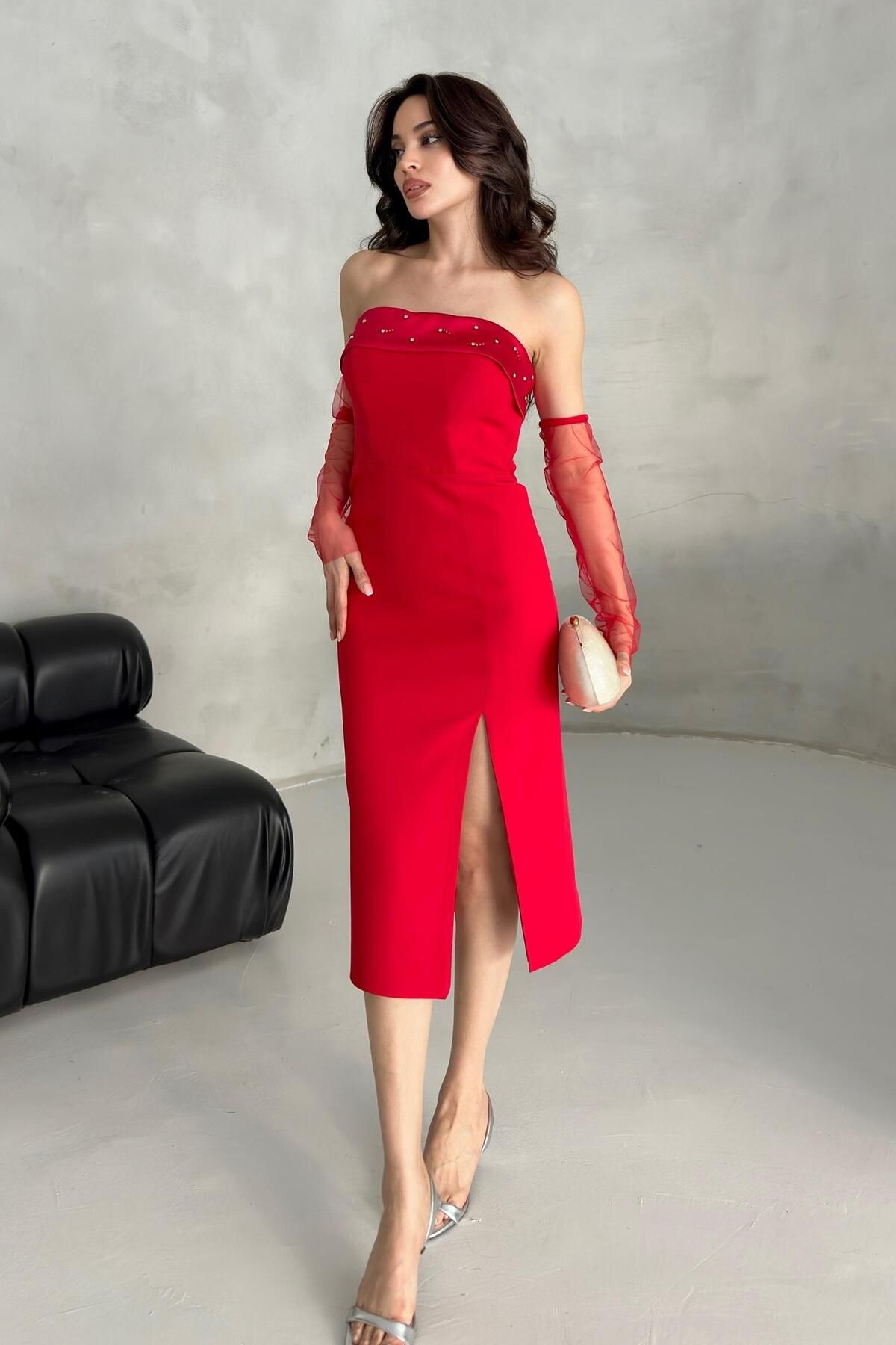 Serica Moda Kırmızı İnci Detaylı Tül Kollu Midi Abiye Elbise