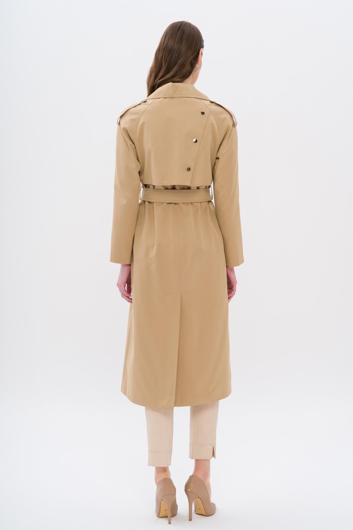 Olcay-Trench Coat with Cape and Epaulettes, Snap Closure and Water Repellent Feature Kamel 6709 7