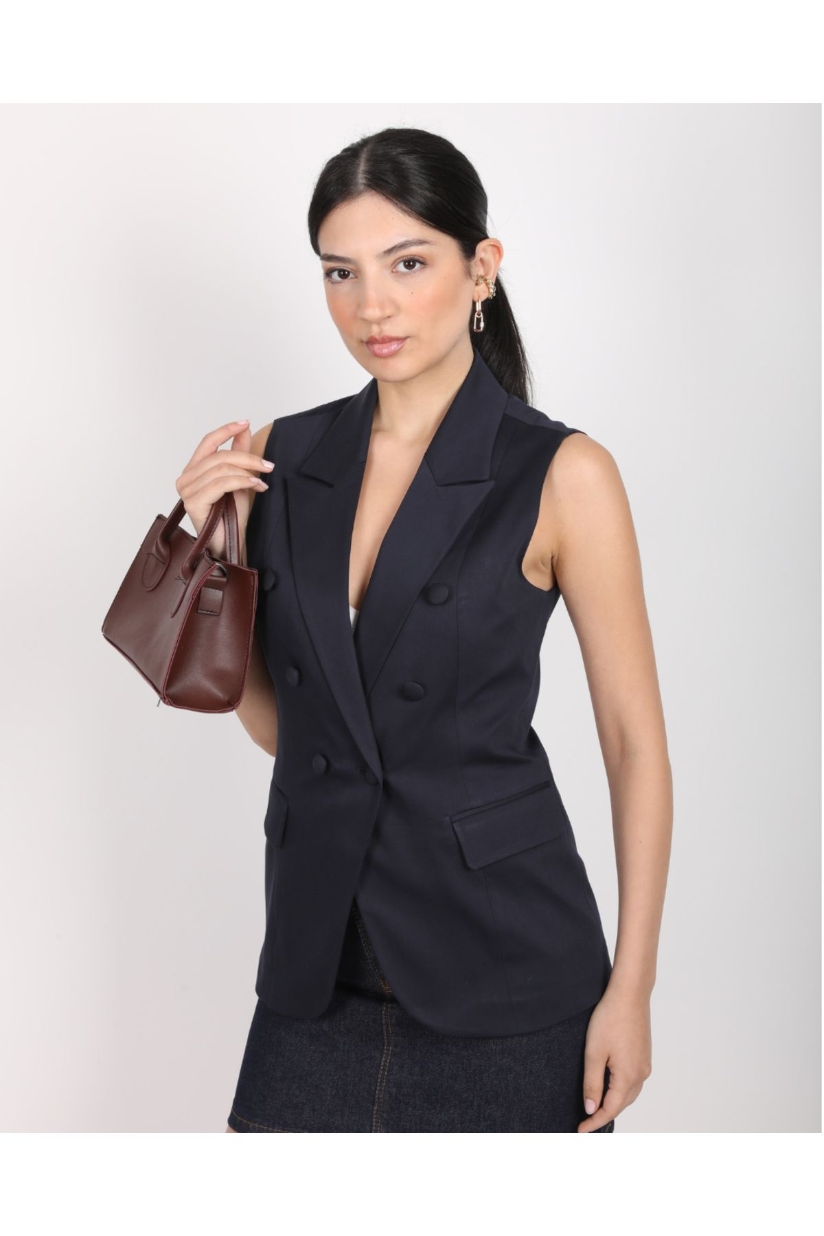 DEQ FASHION Lacivert Blazer Erkek Yaka Kruvaze Yelek
