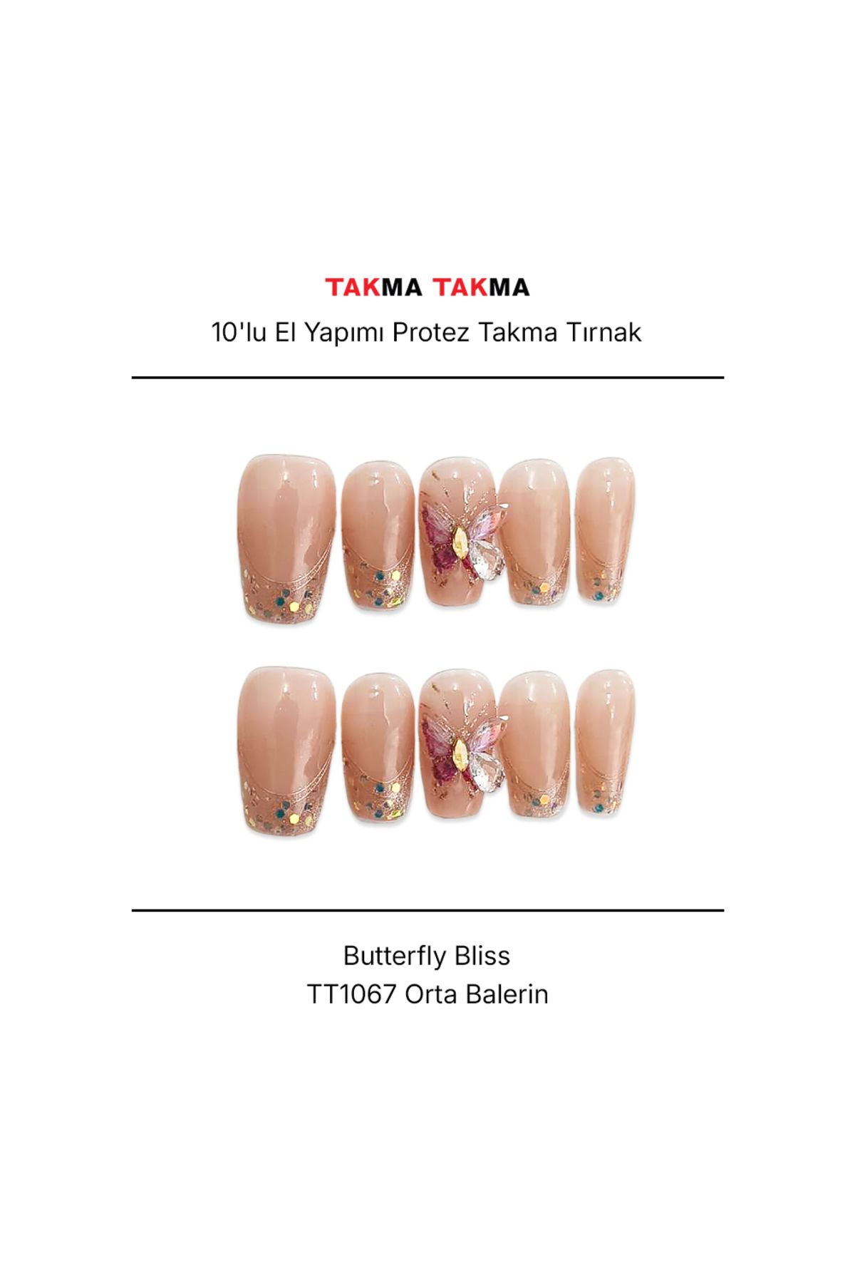 Takma Takma TT1067 - Butterfly Bliss - 10'lu Tekrar Kullanılabilir El Yapımı Protez Takma Tırnak M-Pembe-Ten Ren