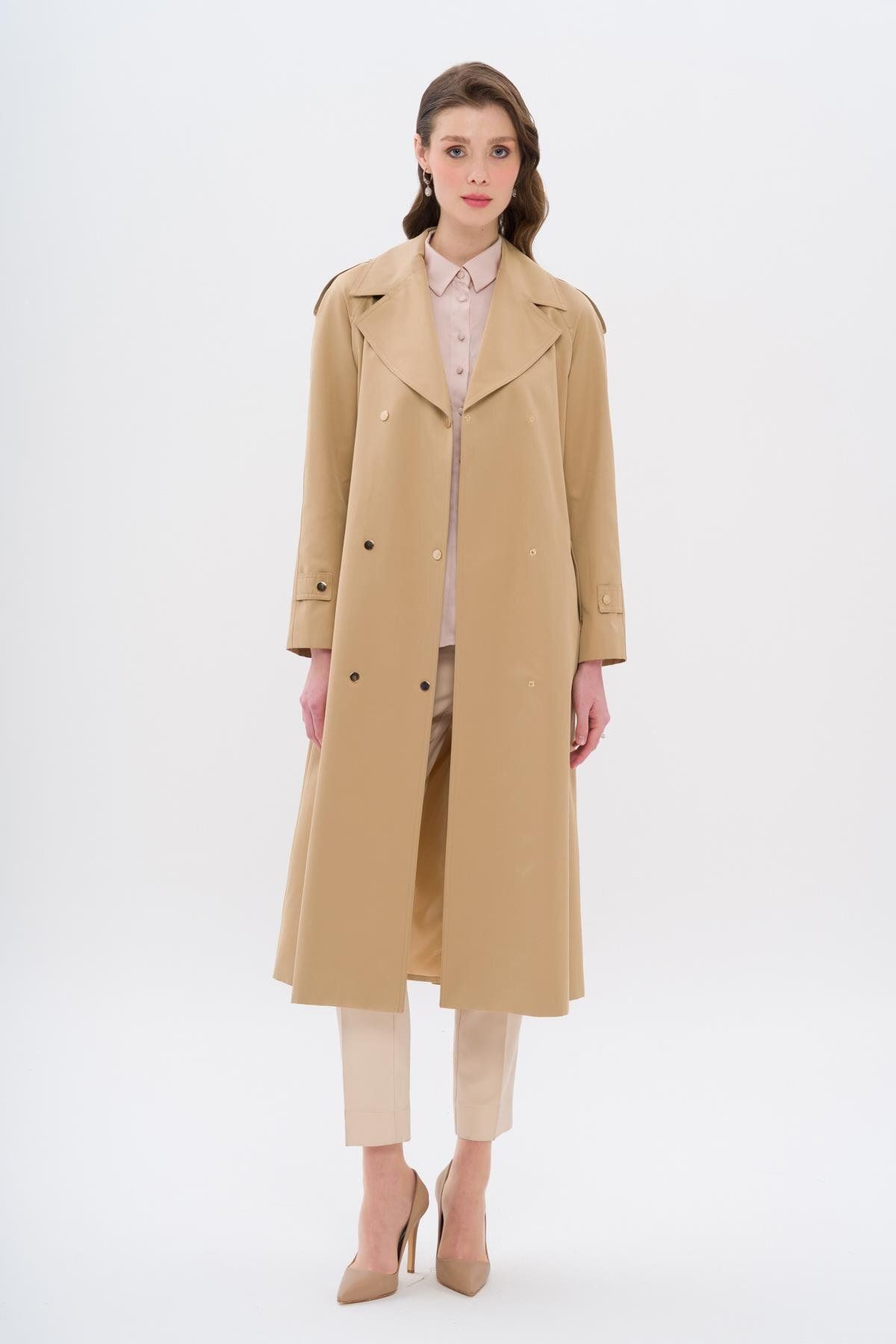 Olcay-Trench Coat with Cape and Epaulettes, Snap Closure and Water Repellent Feature Kamel 6709 3