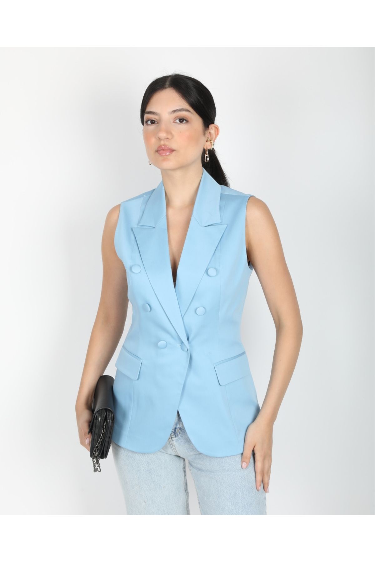 DEQ FASHION Mavi Blazer Erkek Yaka Kruvaze Yelek