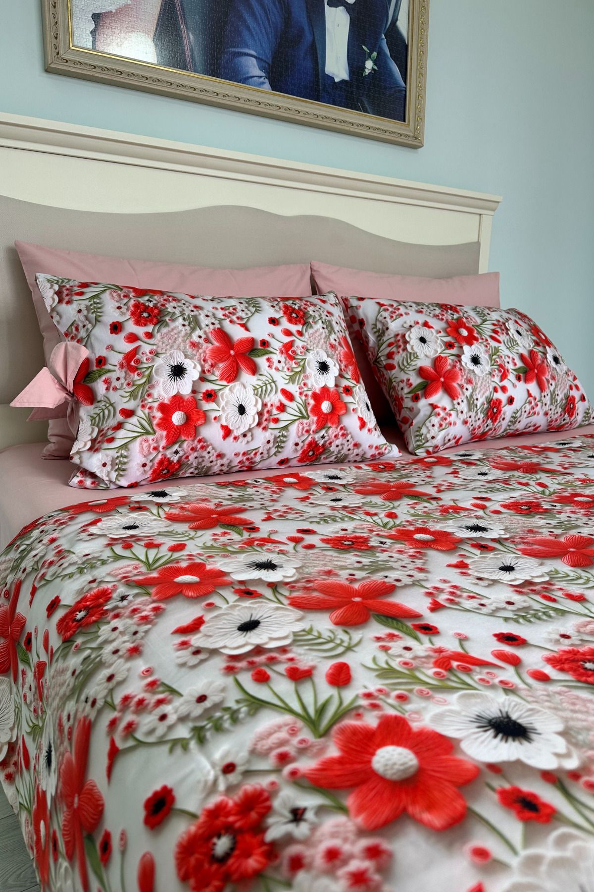 Kadriye Ekşioğlu Çift Kişilik Nevresim Takımı Düz Çarşaf - 200x160 - Yastık Kılıfı Çiçekli Set