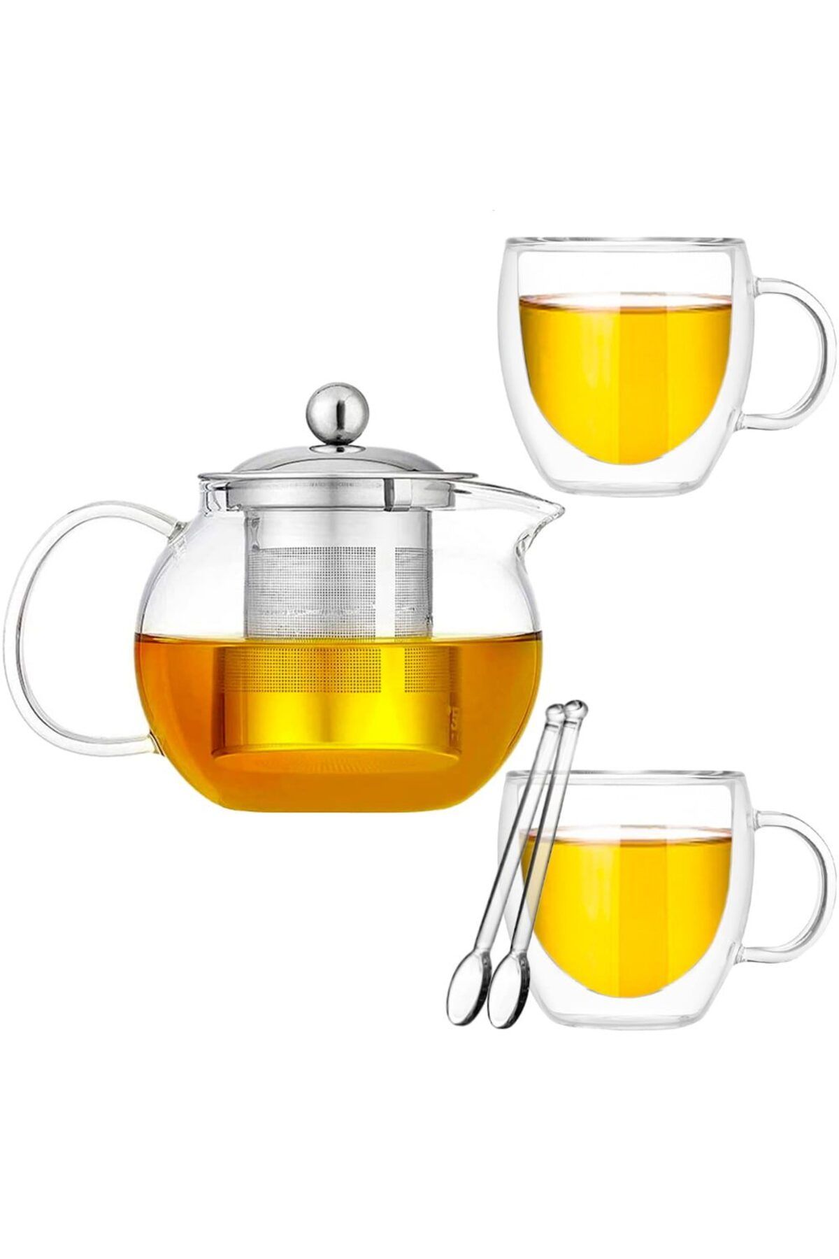 Quasar & Co. Set Ceainic Cu 2 Cani Si 2 Lingurite ,cu Infuzor,650ml,2x250ml,termorezistente,sticla - One Size