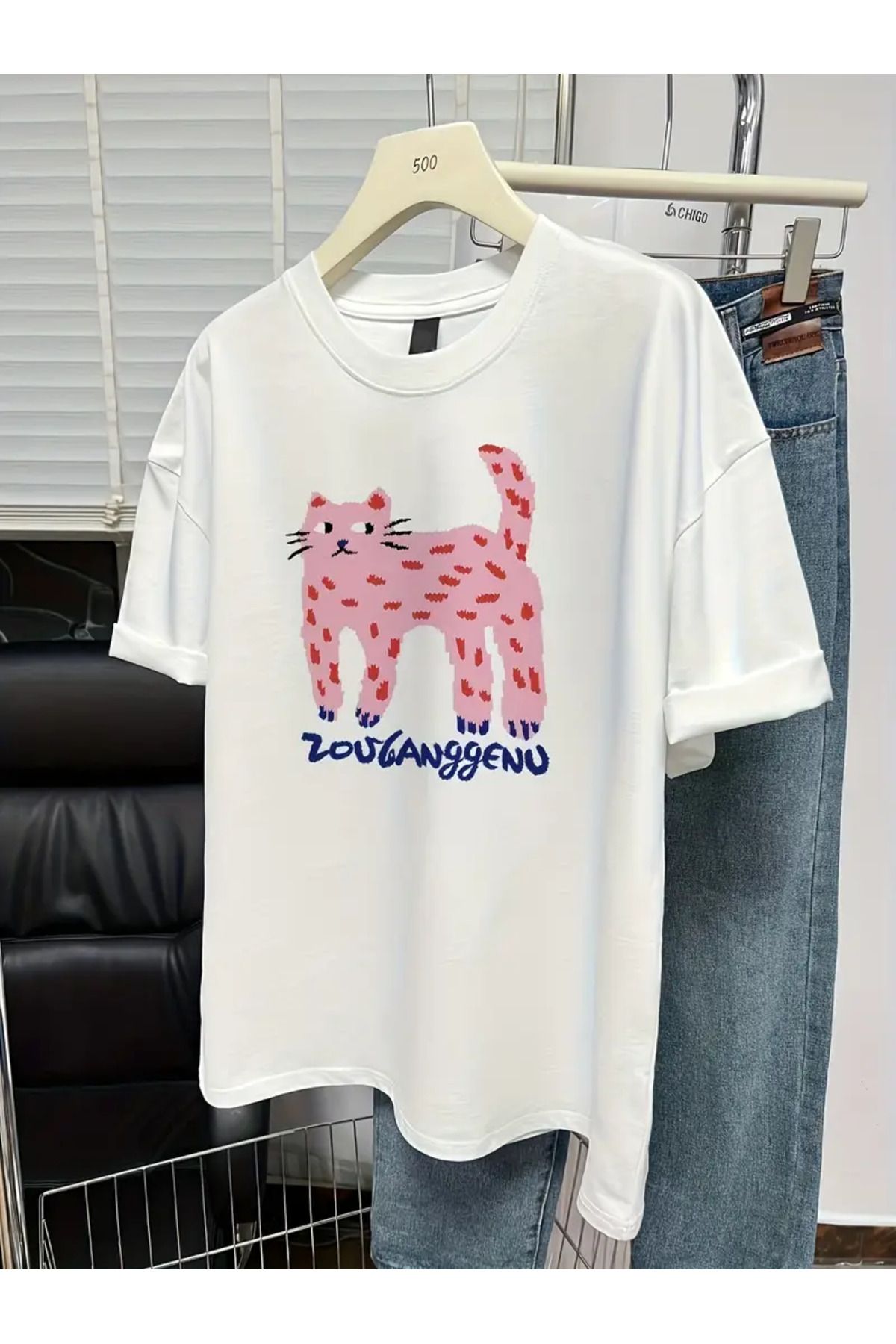 AEMİ Unisex Cat Baskılı %100 Pamuk Oversize T-shirt
