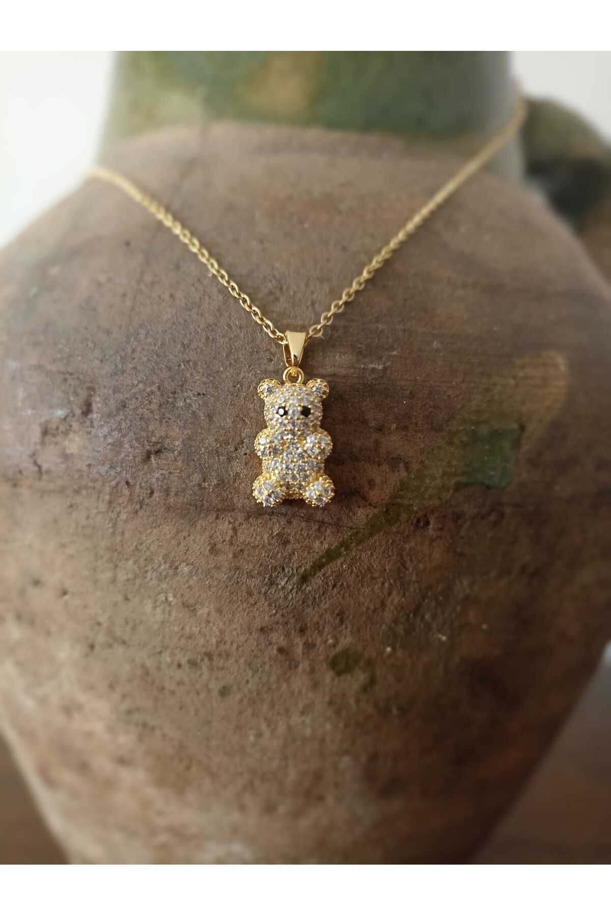 Centeno Taşlı Ayıcık Figürlü Çelik Gold Kolye