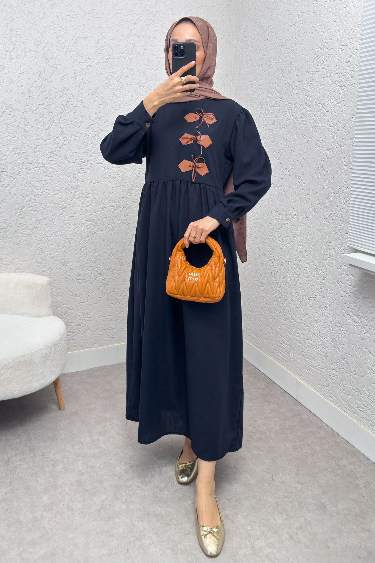ALLMİRA FASHION Önü Deri Detaylı Keten Elbise