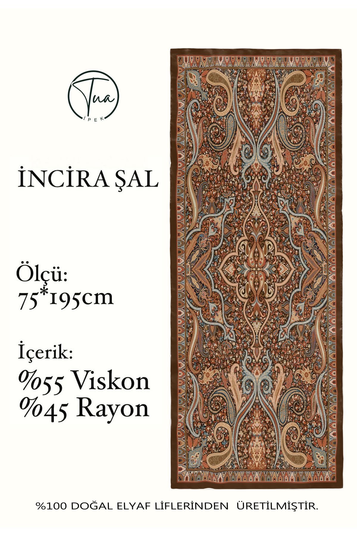 TUA İPEK İNCİRA Organic Floş Viskon ŞAL - Etnik Çiçek Desenli