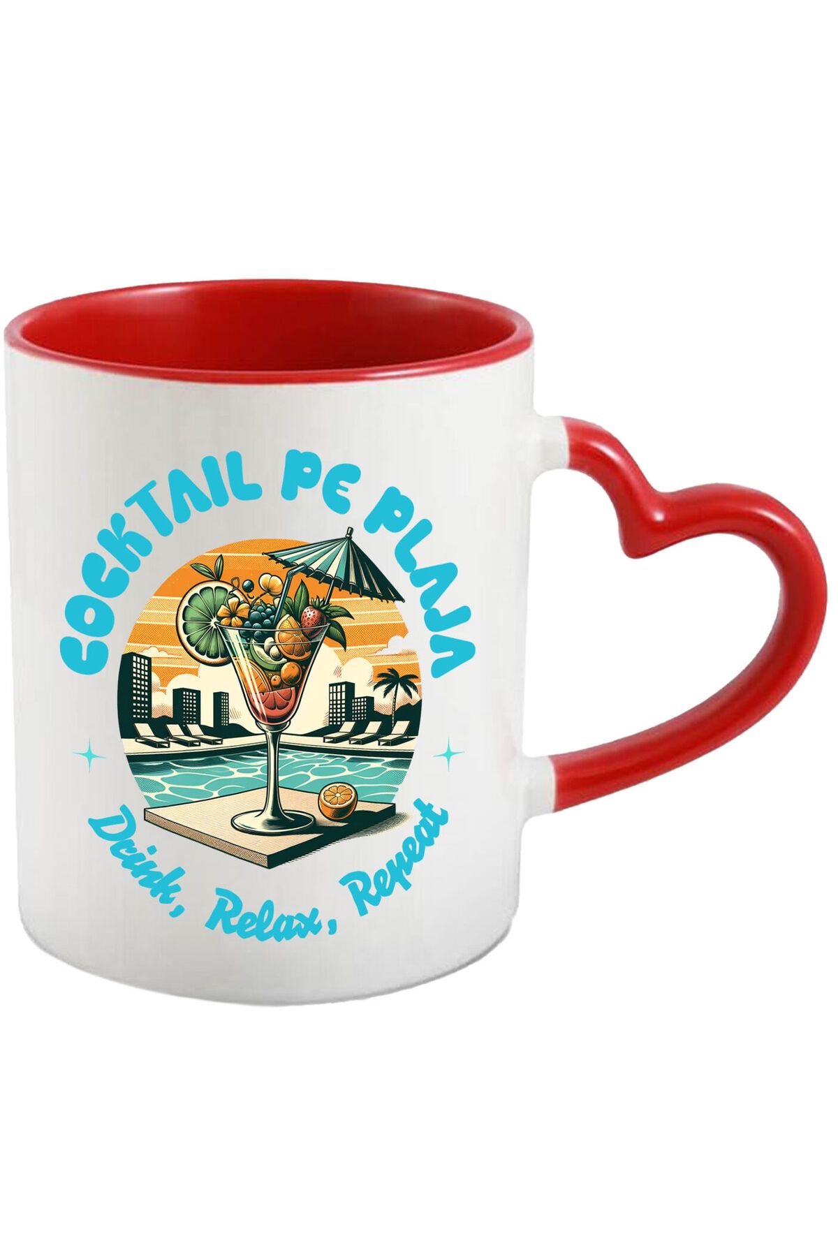 StoryGift Romania Cana Cu Pahar De Cocktail Elegant Cu Fructe Si Umbrela La Piscina Apus De Soare , Cu Maner Inim - One Size