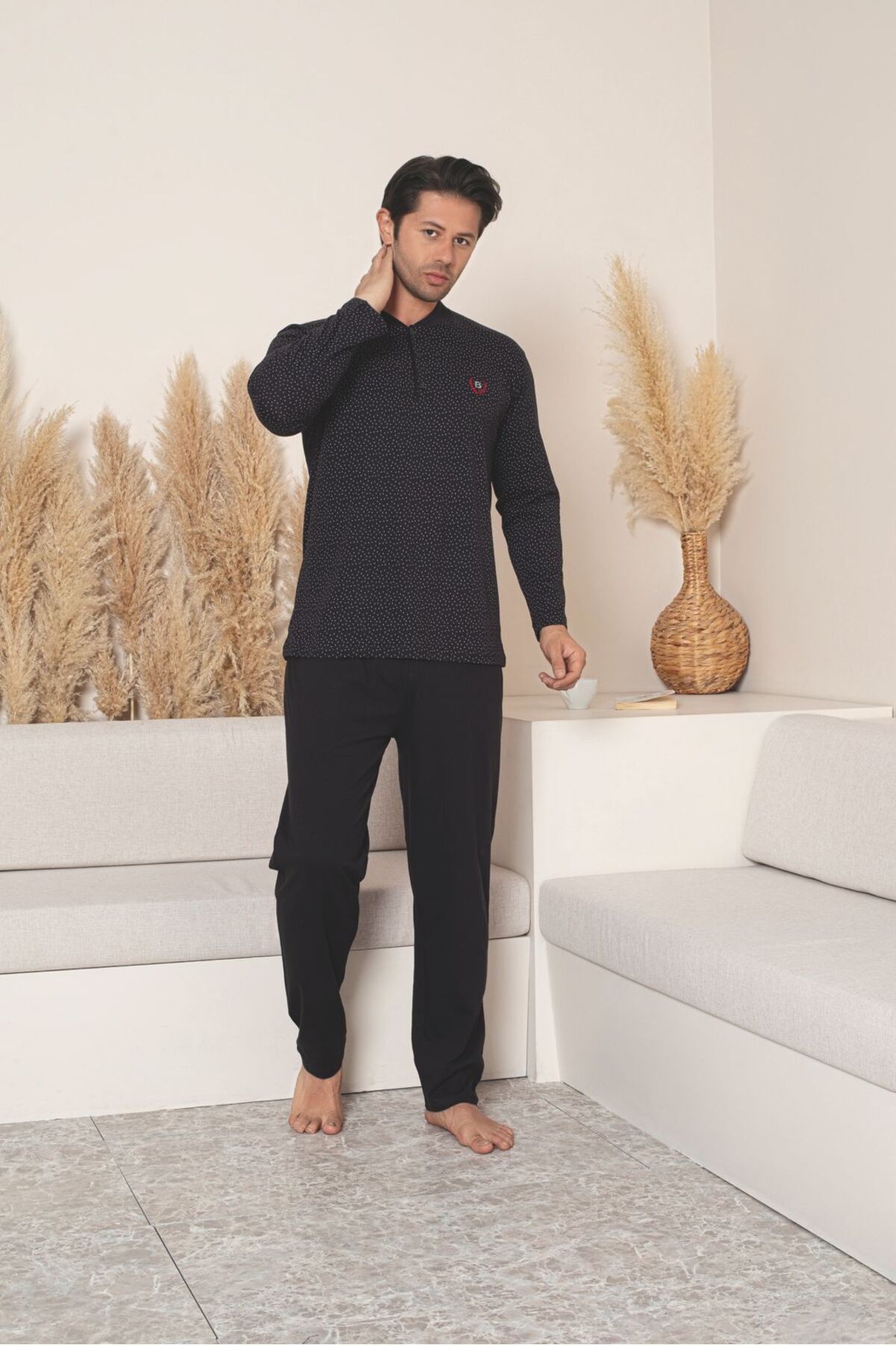 BSM Erkek Uzun Kol Dört Mevsim Siyah Pamuklu Penye Pijama Takımı