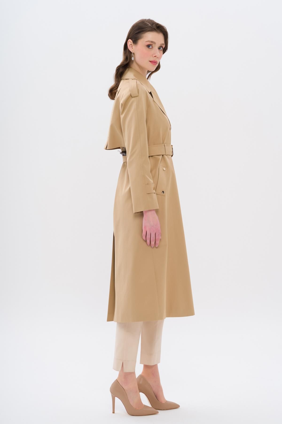 Olcay-Trench Coat with Cape and Epaulettes, Snap Closure and Water Repellent Feature Kamel 6709 5