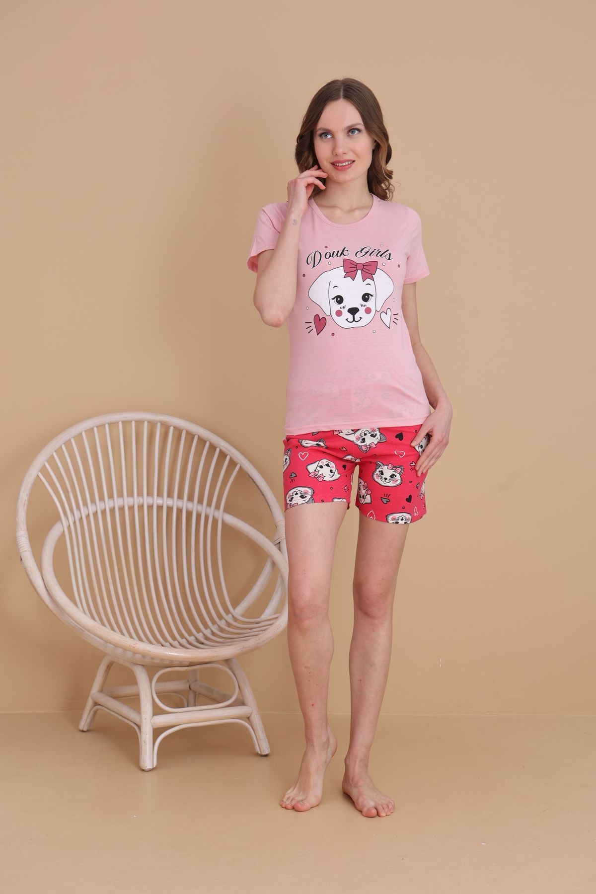 Mira Homewear Önü Baskılı Şortlu Kısa Kol Kadın Pijama Takımı MR008
