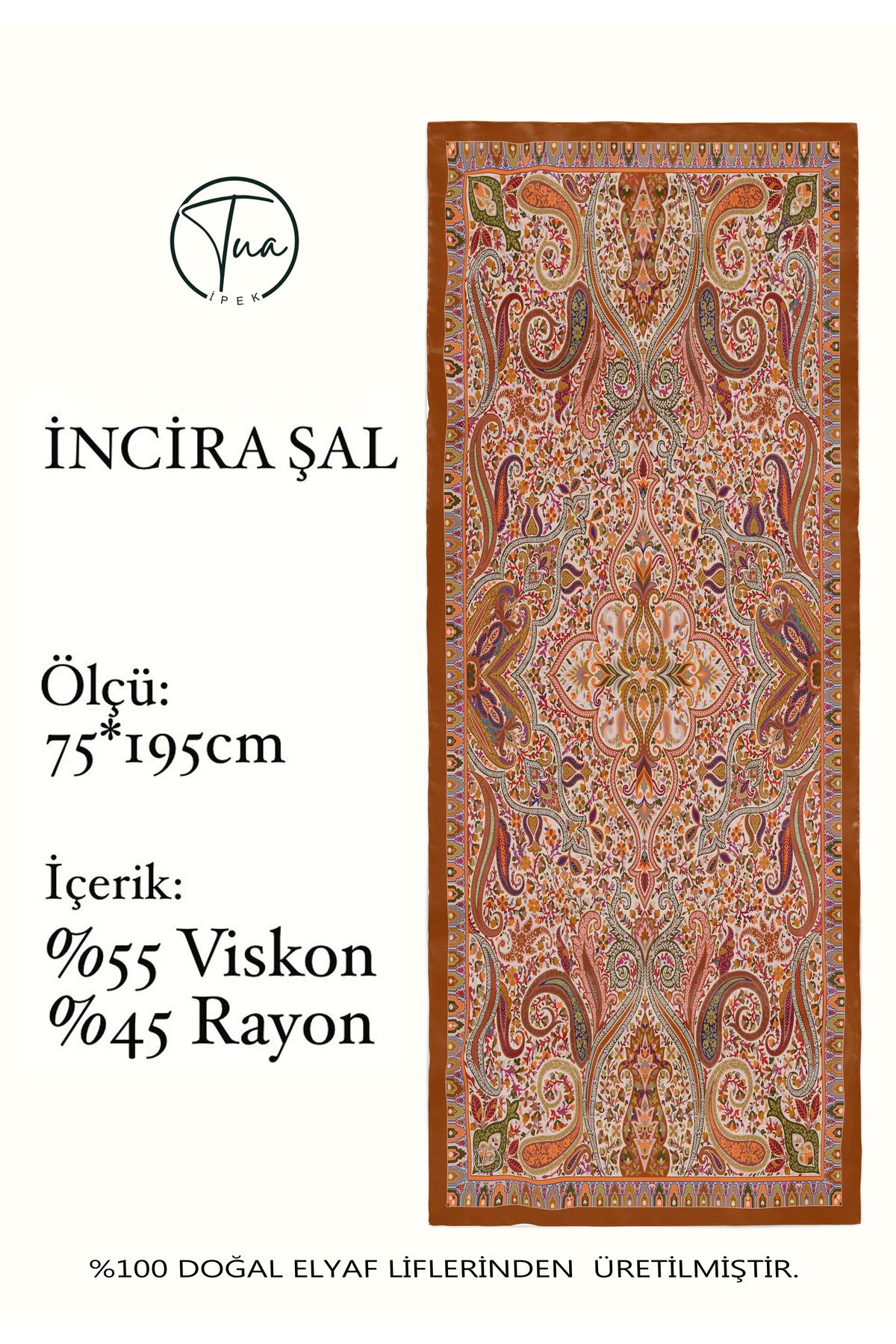 TUA İPEK İNCİRA Organic Floş Viskon ŞAL - Etnik Çiçek Desenli