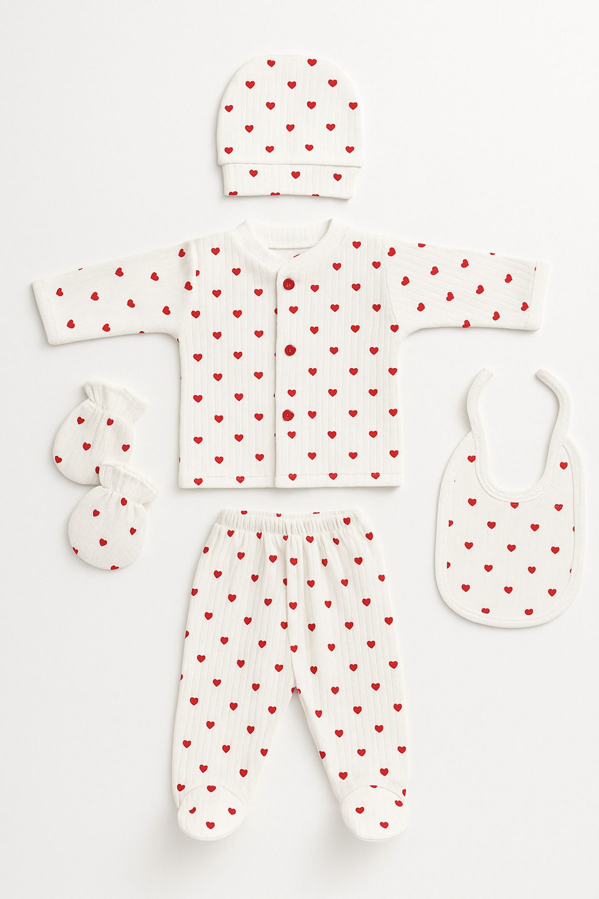 Trend Bebe Butik Yenidoğan Hastane Çıkışı 5’li Set – Kırmızı Kalp Desenli %100 Pamuk Bebek Giyim Takımı