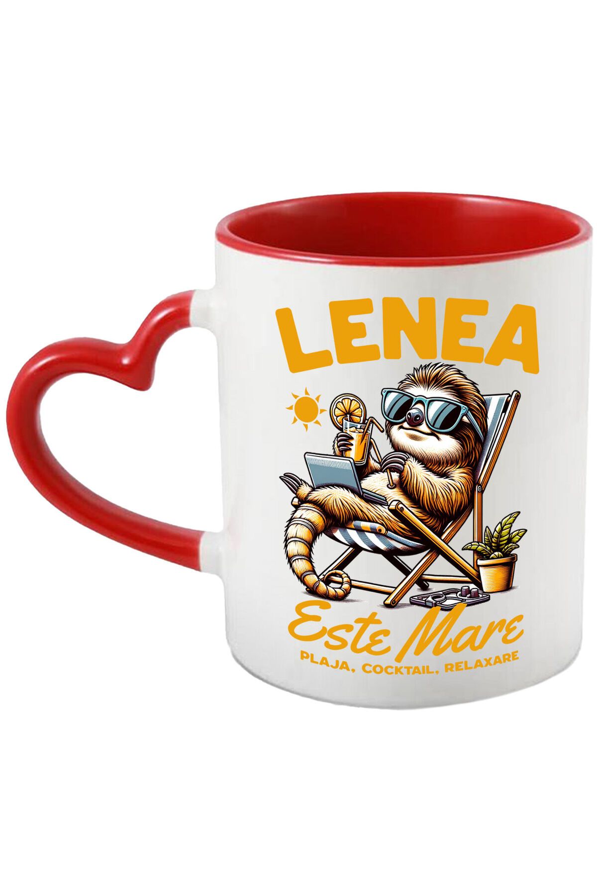 StoryGift Romania Cana Cu Animal Lenes Relaxare La Plaja Pe Sezlong Cu Laptop Bautura Racoritoare , Cu Maner Inim - One Size