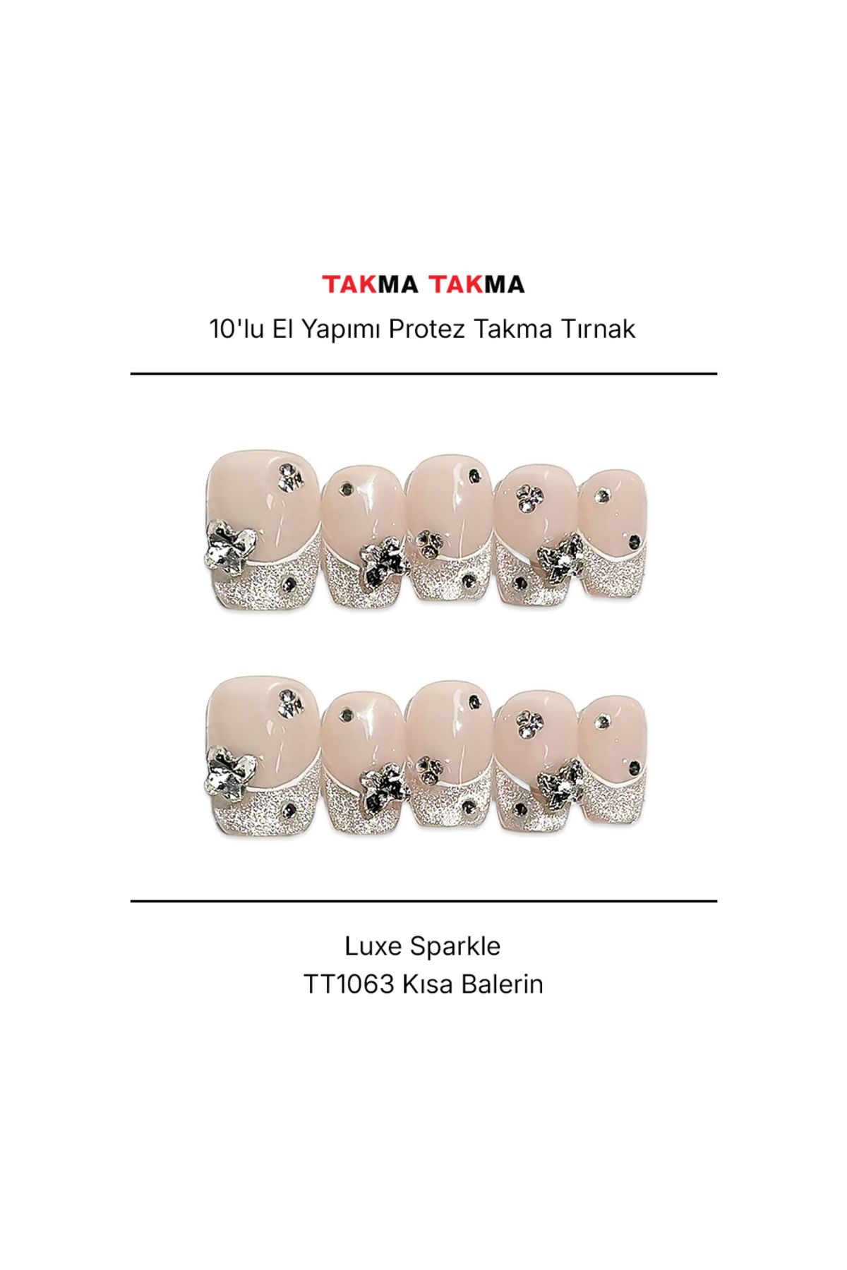 Takma Takma Tekrar Kullanılabilir El Yapımı Protez Takma Tırnak Luxe Sparkle - 10'lu - TT1063 S-Ten Rengi